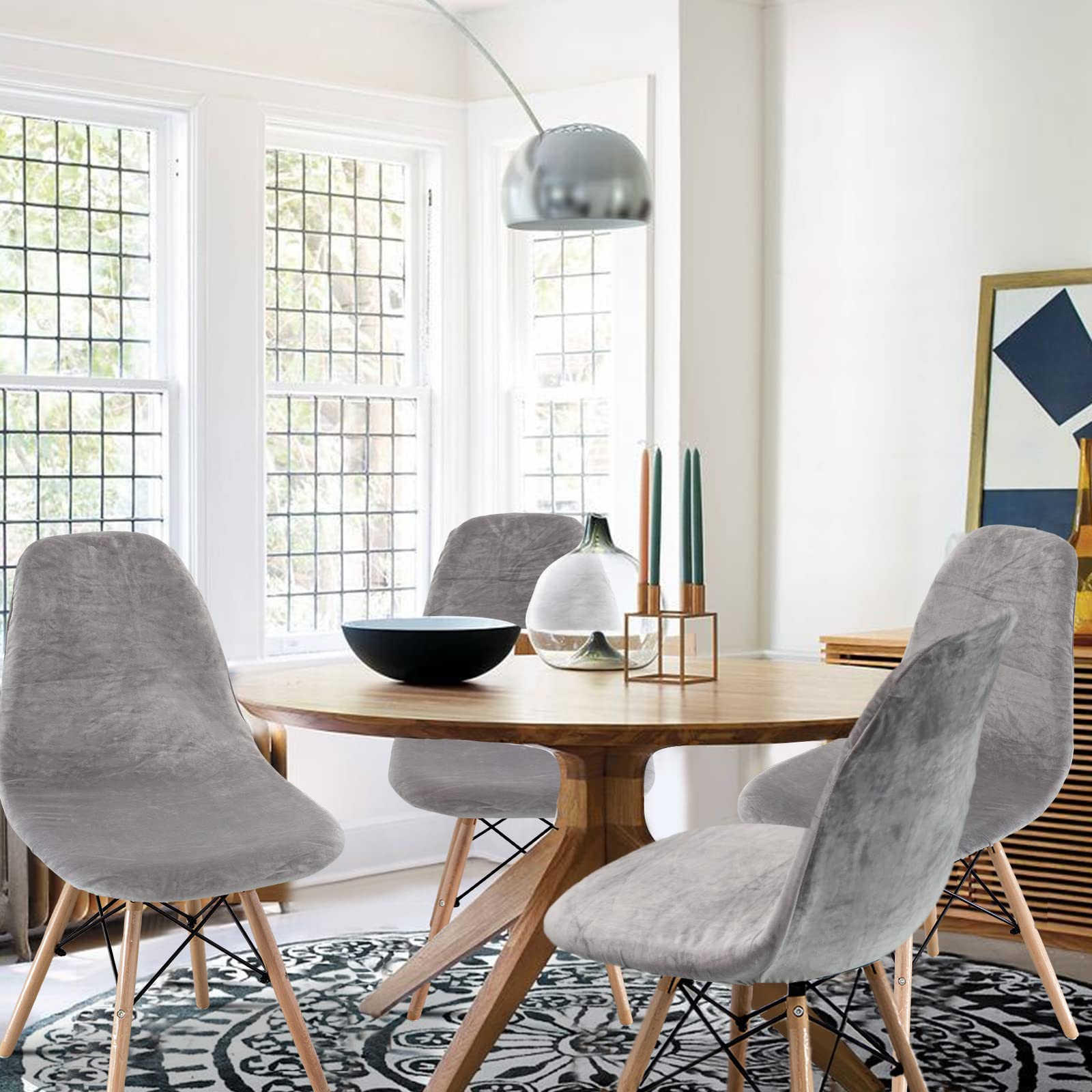 Jaotto Coprisedia Elasticizzati con Schienale 6 Pezzi,Fodere Coprisedia con Schienale Tondo per Sala da Pranzo Jacquard,Coprisedia Ufficio Universali Lavabili,Vestisedia per Casa Cucina,Velluto#Grigio