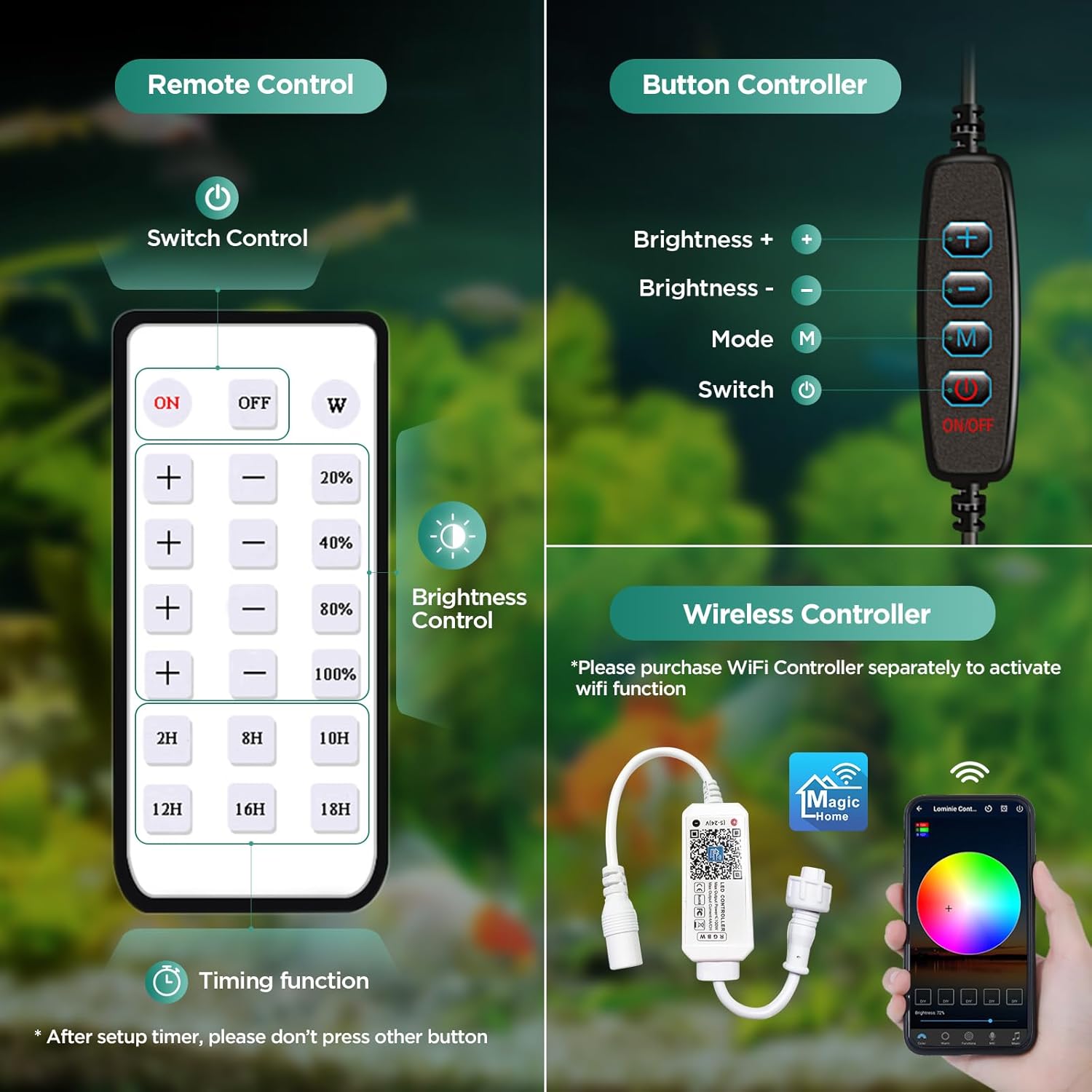 Lominie LED Aquarium Light, Planted Tank Light 4 Channels Remote Control 6500K Aquarium LED Lamp for Freshwater Fish Tank Refugium with Gooseneck (A20 Freshwater)