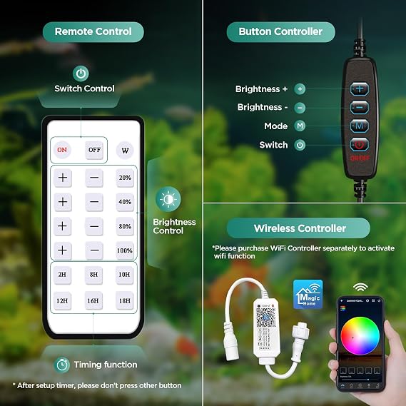 Lominie LED Aquarium Light, Planted Tank Light 4 Channels Remote Control 6500K Aquarium LED Lamp for Freshwater Fish Tank Refugium with Gooseneck (A20 Freshwater)