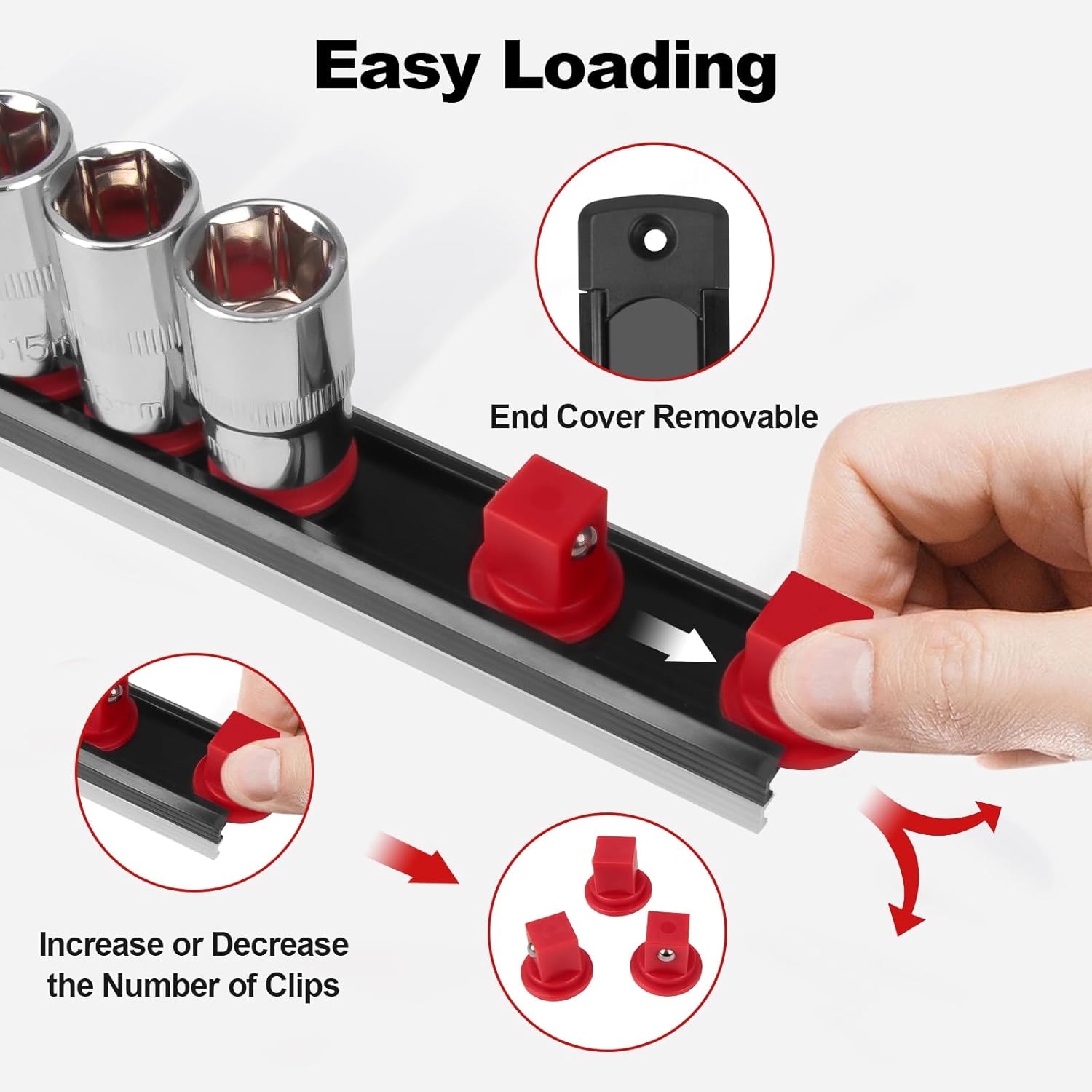 Fivepears Magnetic Socket Rails Storage Organizer, Heavy Duty Aluminum ABS Socket Holders, 360 Swivel Clips for Tool Box, 3/8 x 14, 1/2 x 12, 1/4 x 14 (Red)