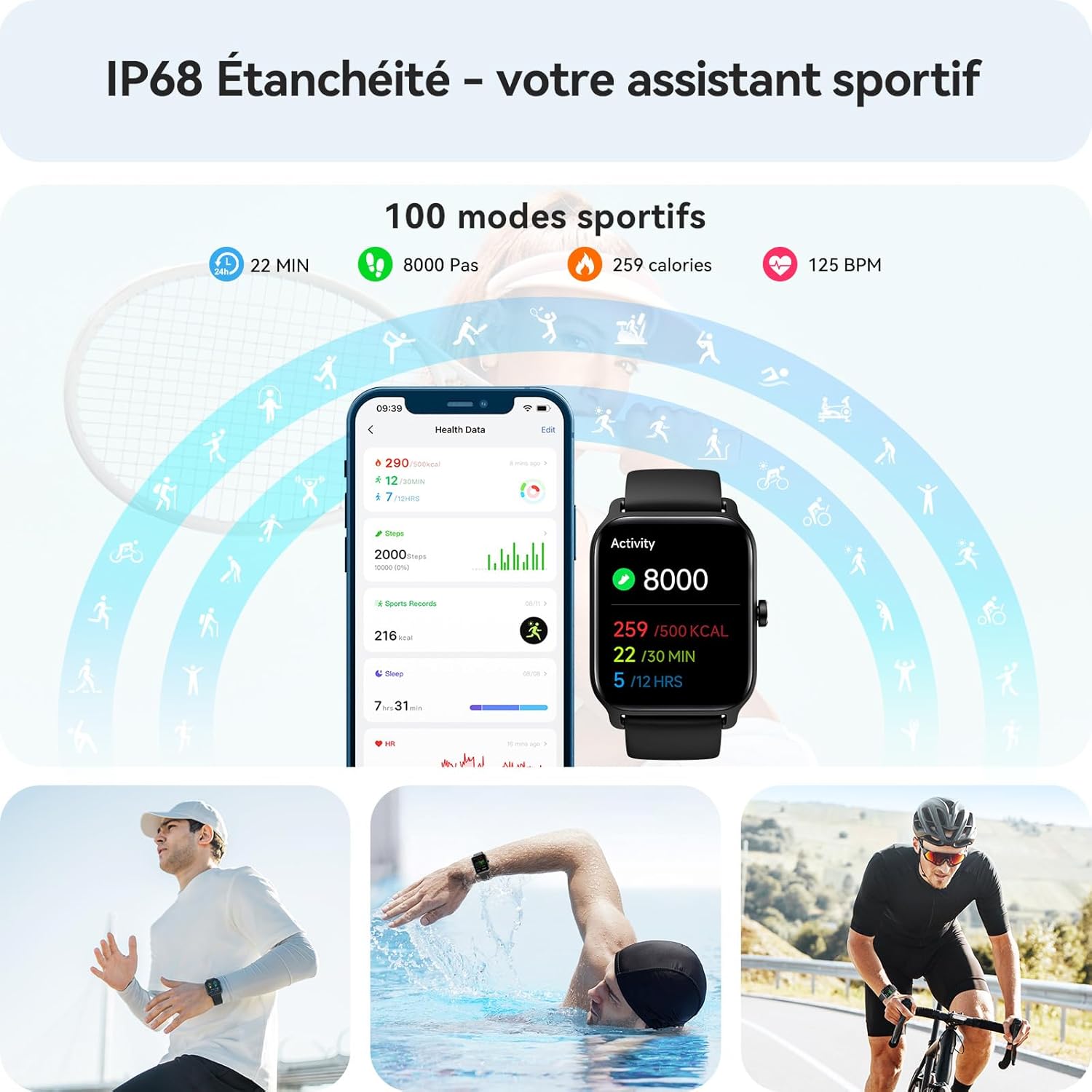 Smartwatch highlighting IP68 water resistance and over 100 sport modes including running, swimming, and cycling.