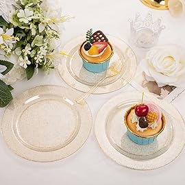 WELLIFE 60PCS Gold Glitter Dessert Plates and 60PCS Plastic Forks, 6.3 inch Disposable Dessert Plates for 60 Guests, Durable Gold Glitter Cake Plate, Perfect for Party