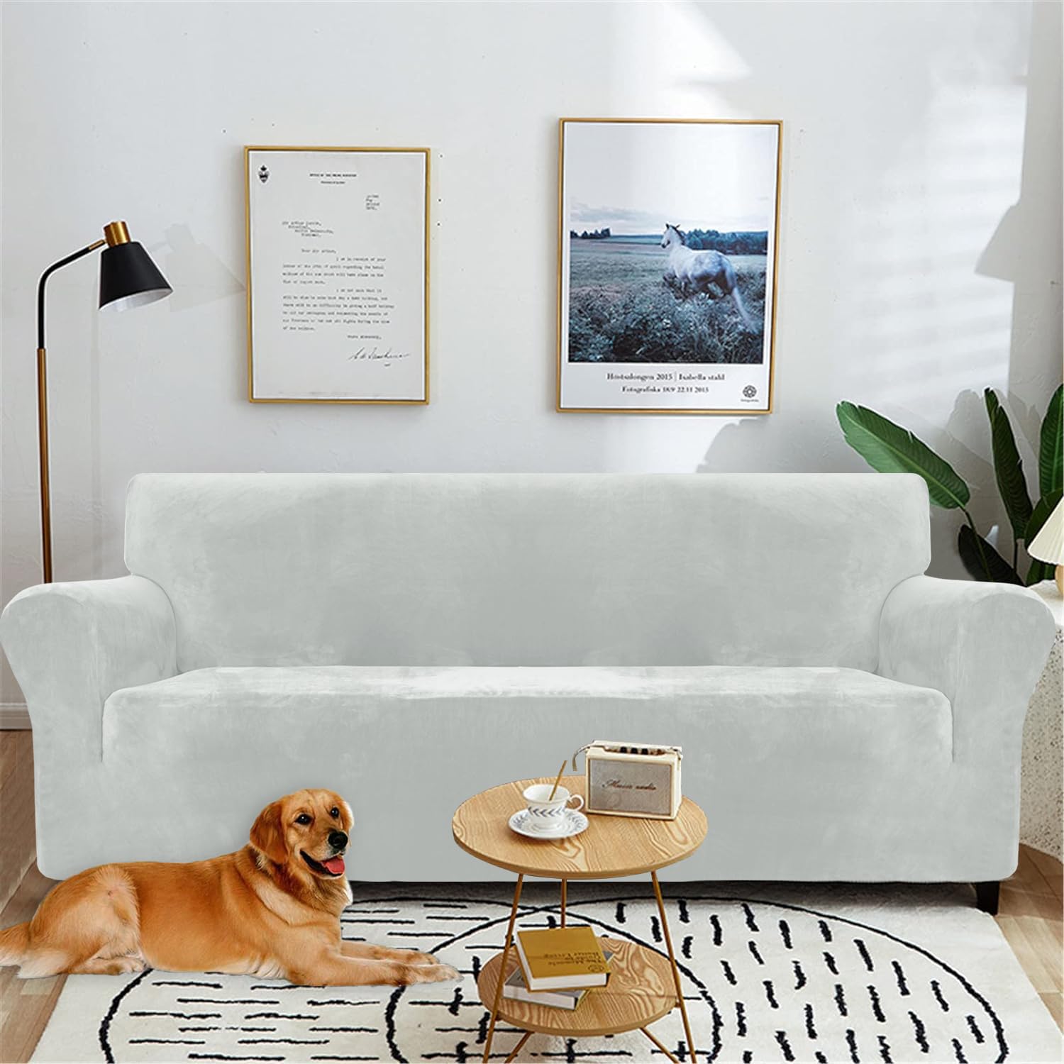 YSTELLAA Copridivano Velluto 3 Posti Con Braccioli, Copridivani Antigraffio Gatto, Fuzzy Copri Divano Elasticizzato Elastico, Universale Sofa Cover Antimacchia Lavabile Antiscivolo, Grigio Argento