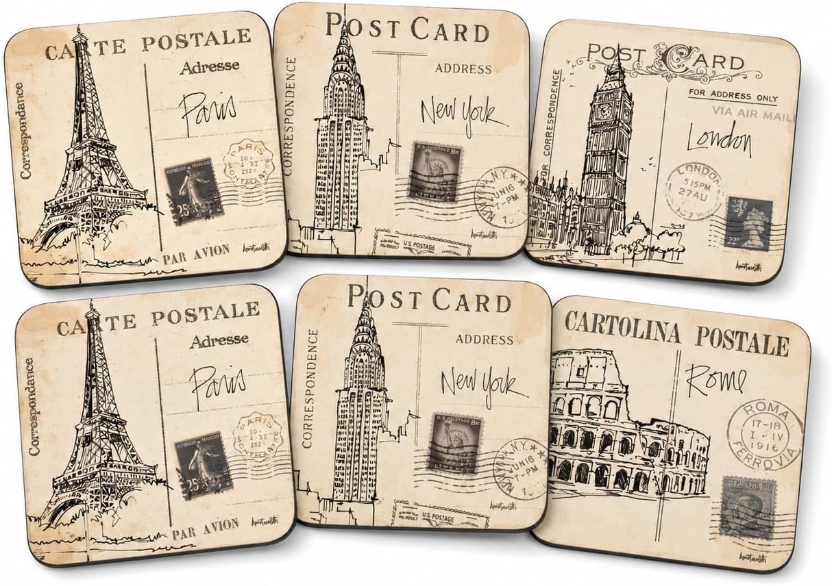 Pimpernel Postcard Sketches Coasters, Set of 4 โ (4" x 4") Vintage Travel Art with Iconic Cities New York, London, Paris & Rome, Cork-Backed Board, Heat & Stain Resistant Finish for Dining & Table