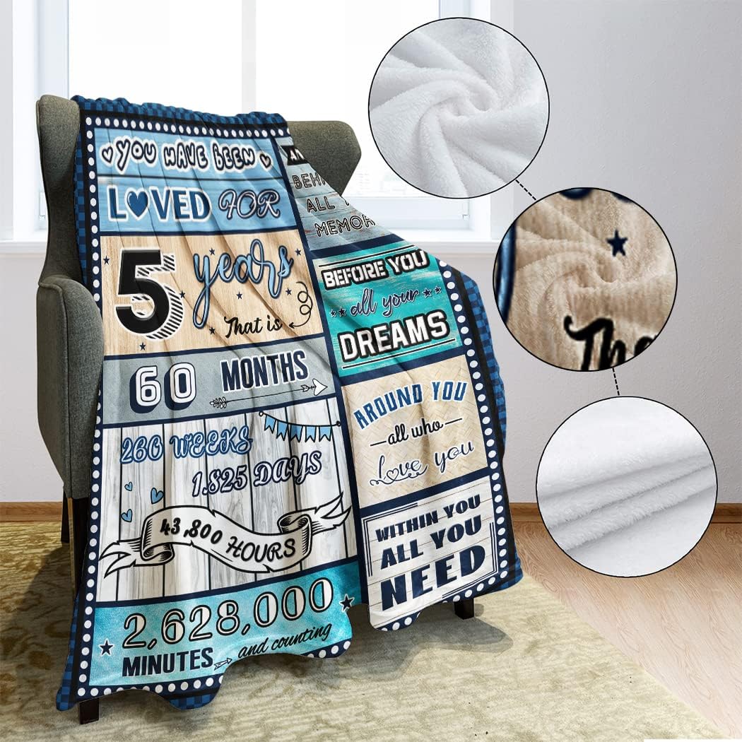 5 Year Old Boy Birthday Gift, Super Soft and Warm Happy Birthday Blanket, Digital Heartwarming Sentences Creative Design Ideal Gifts for 5th, 50"x60"