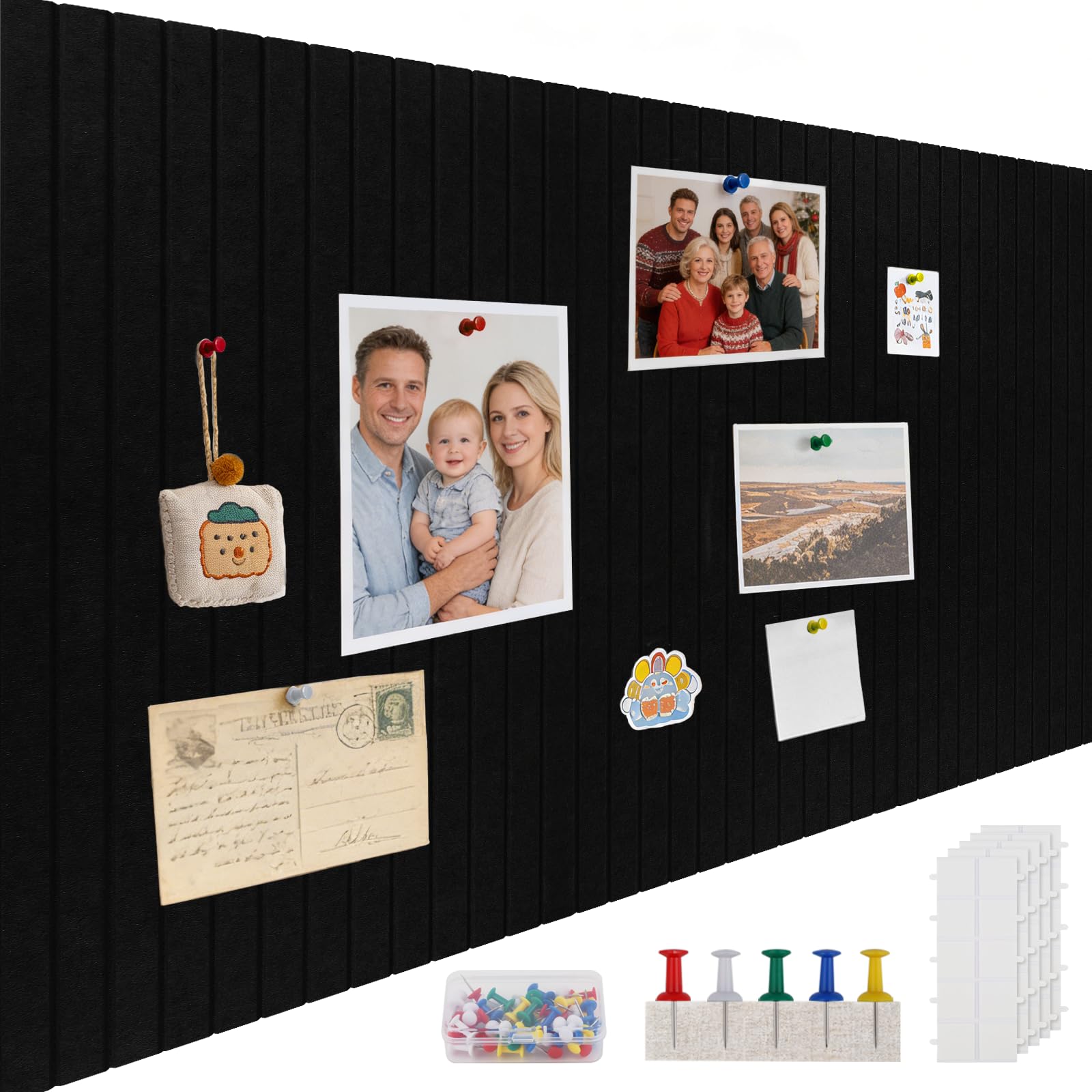 ddckj 120x90cm Large Cork Board 0.9cm Thick Felt Bulletin Board with 100 Push Pins and Adhesive Sticker, Felt Wall Tiles Office Kitchen School for Photos Memos, Black