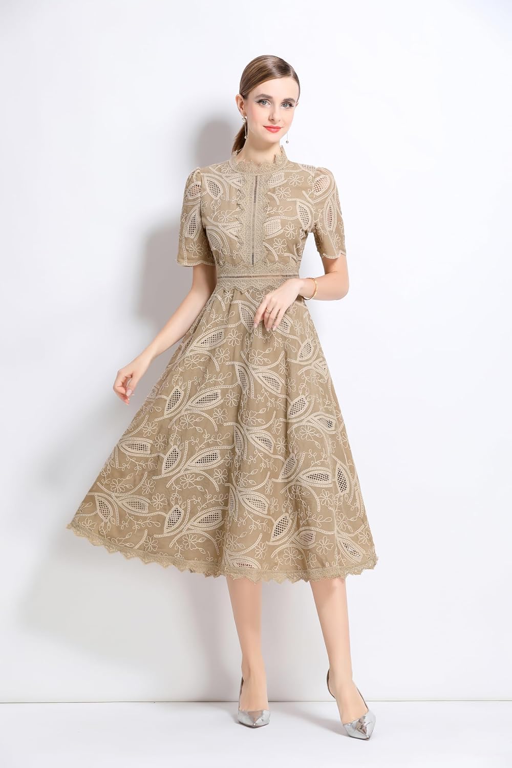 LAI MENG FIVE CATS Women's Lace Hollow Short Sleeve Crochet Waist Embroidy Cocktail Midi Dress - Image 3