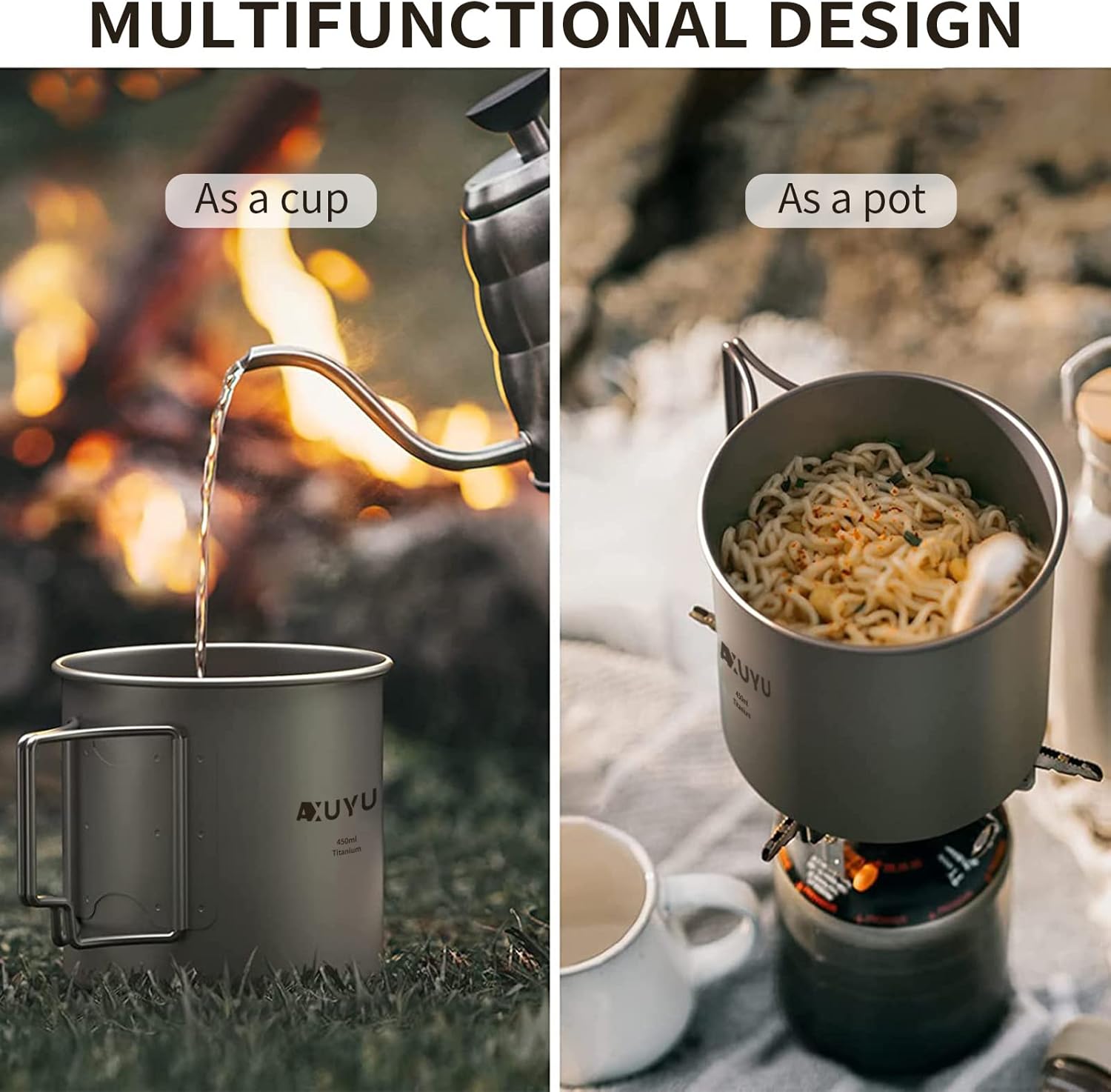 450ml Titanium Cup/Pot Camping Coffee Mug with Lid and Foldable Handle for Outdoor Camping Hiking Backpacking