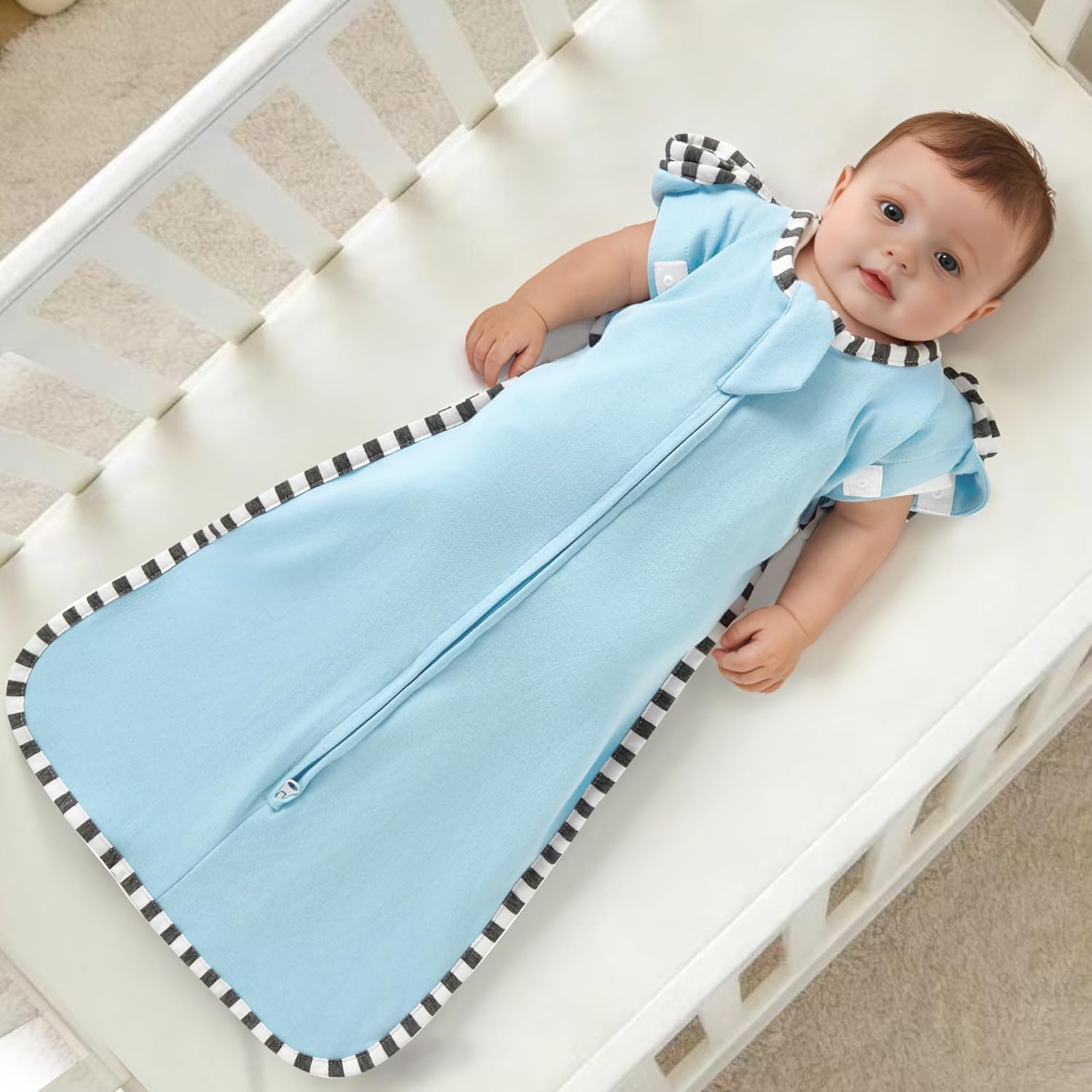 Soft Cotton Swaddle Blanket, Arms Up Baby Sleep Transitional Swaddle Sack Wearable Sleeping Bag for Boy Girl (Blue + Dark Blue, M(3-6 Months))