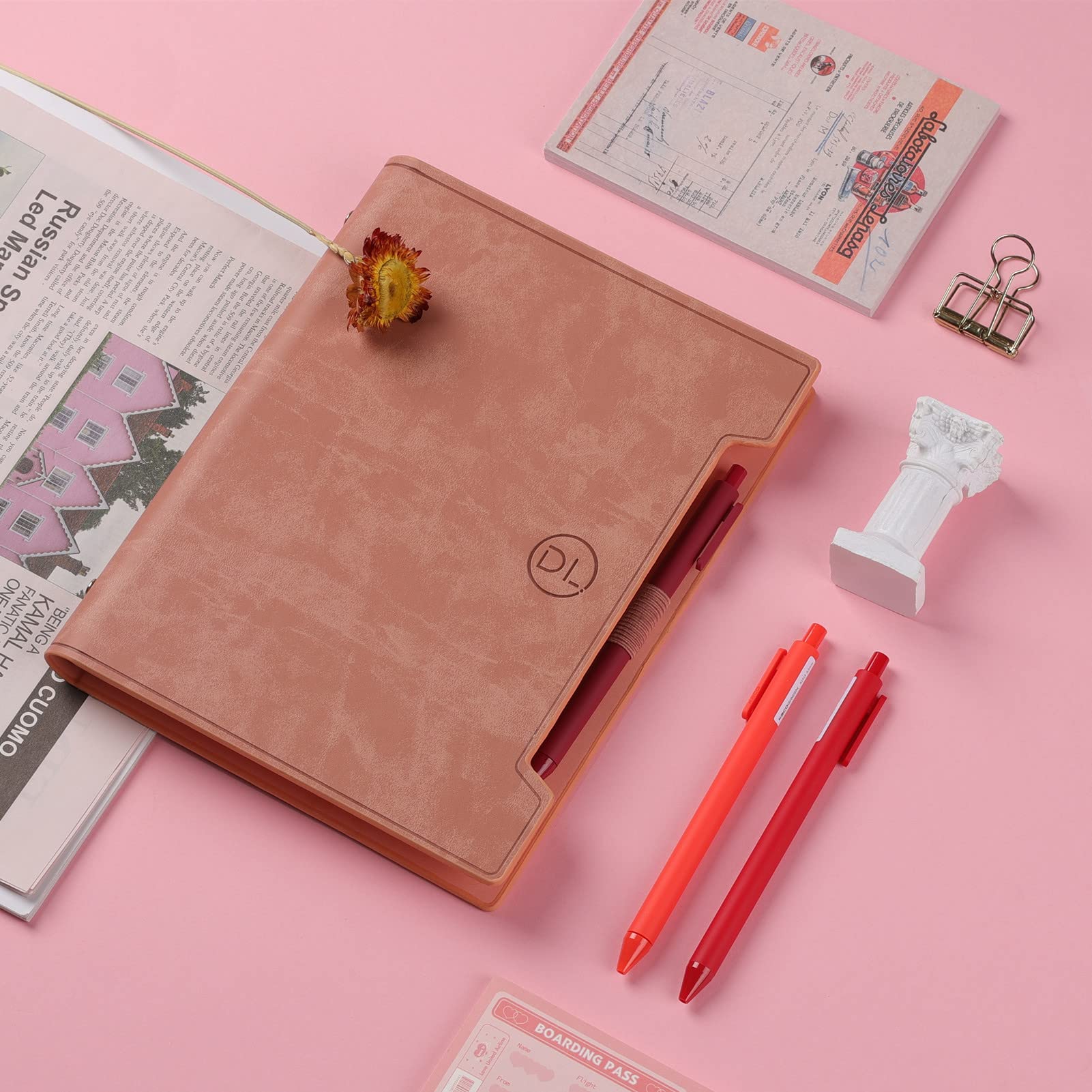 Classic Leather Journal Notebook,Refillable Notebook with Lined Pages,Personal Diary Writing Gifts,A5 Business Journal with Pockets/Pen/Pen Holder,100gsm Lined Paper 160 Pages (Pink) - Image 2