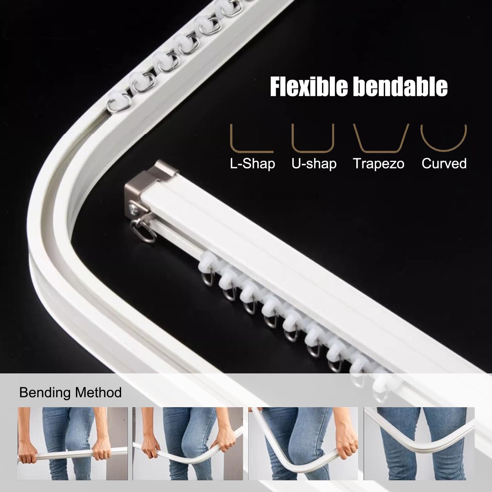 Adjuble 2 m elastyczna aluminiowa szyna do wkładek wnękowych i narożnych, montaż sufitowy/ścienny, płynne przesuwanie, łatwe wkładanie, idealna do każdego pomieszczenia