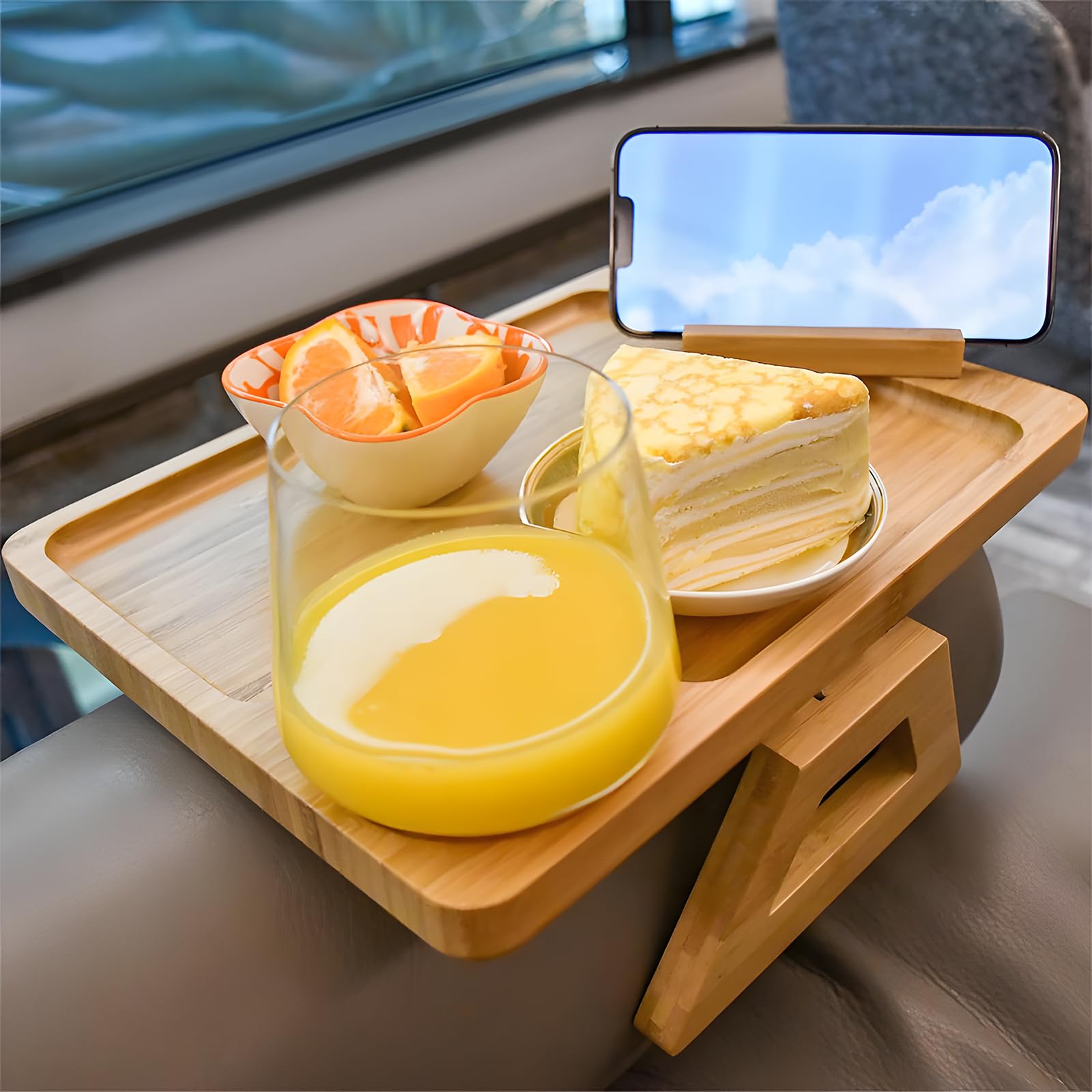 Lazy Sofa Tray, Foldable Tray Table, Rotating Tablet Stand Tray, Bamboo Sofa Clip on Side Table, Sofa Arm Tray, Compact Foldable Tray, Multifunctional Sofa Tray Table for Drinks Snacks(Wood Color)