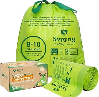 Compostable Kitchen Trash Bags 8-10 Gallon (50-Pack) – Heavy-Duty, 1.1 Mil Thick, 100% Biodegradable Bag for Medium to Large Bins. ASTM D6400, BPI & OK Compost HOME Certified Eco-friendly & Recyclable