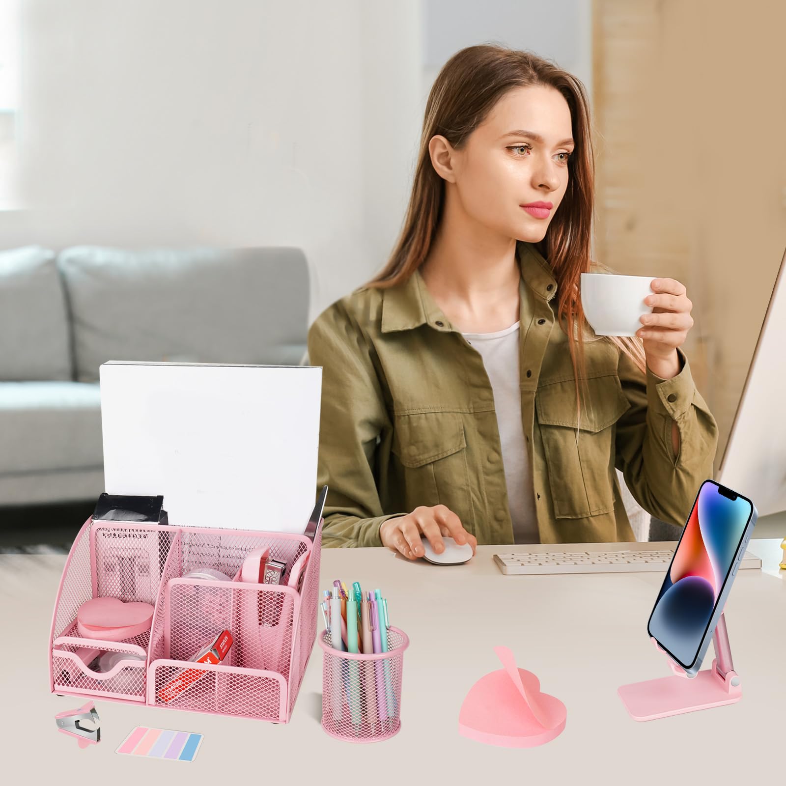 Pink Desk Organizer and Accessories, Pink Gifts Office Supplies Mesh Desk Organizer, Tape Dispenser, Hefter, Tape, Phone Holder, 1000 Staples, Staple Remover, Pen Holder, Clips Set, Ruler, Scissors