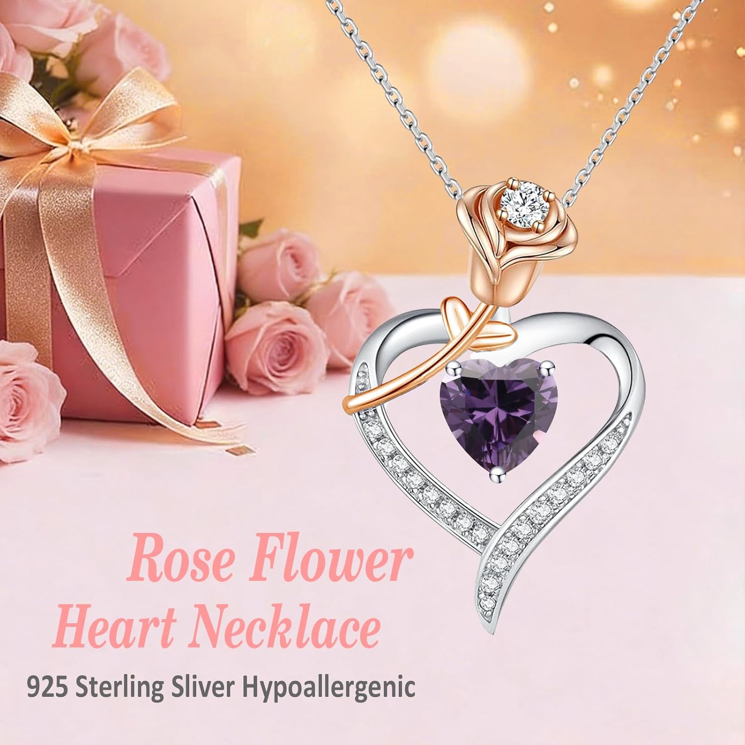 immobird Rose Gold Heart Necklace Birthstone Jewelry Sterling Silver Jewelry Plated White Gold Valentine's Day Gift Women for Wife Mom Necklace for Women - Image 5