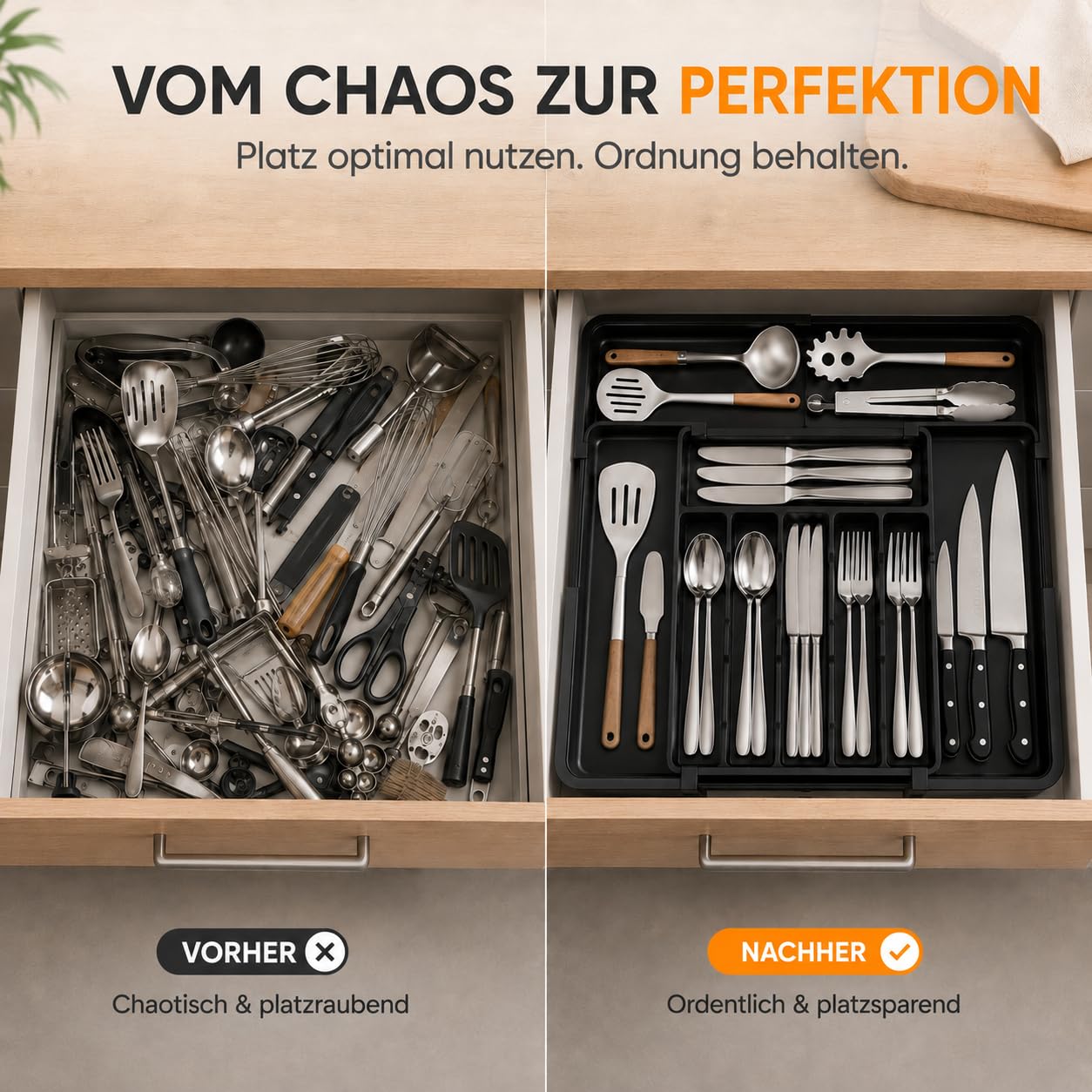 ALAIFU Besteckkasten für Schubladen, erweiterbarer großer Besteckkasten für die Küche, Verstellbarer Besteckeinsatz für Schubladen, Kunststoff Küchenzubehör, Trenneinsatz, groß Küche, Haushalt & Wohnen