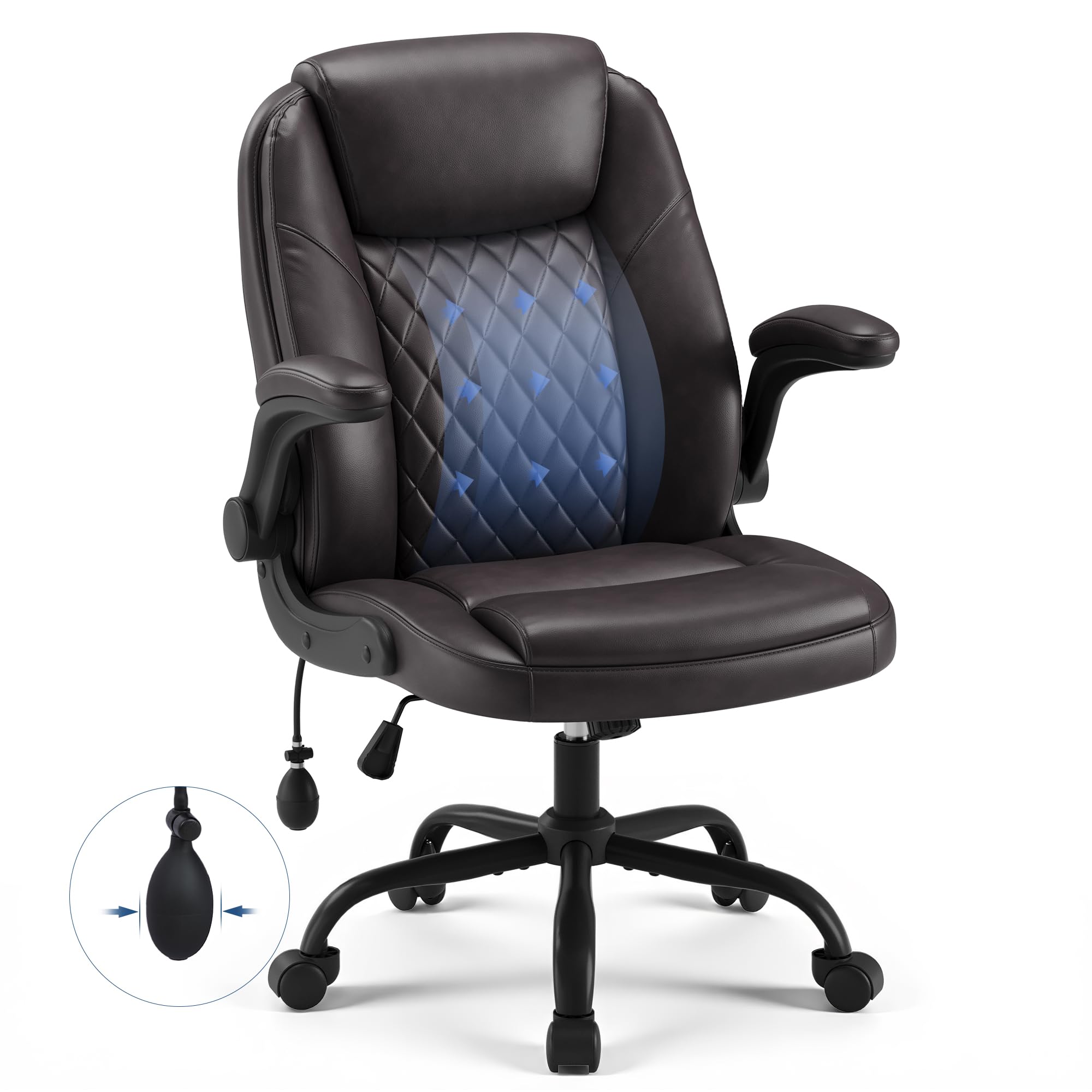 Ergonomic Office Chair with Adjustable Lumbar Support, PU Leather Computer Chair 136KG, Desk Chair for Home Office with Padded Flip-up Arm, Adjustable Height and Tilt Lock, Brown