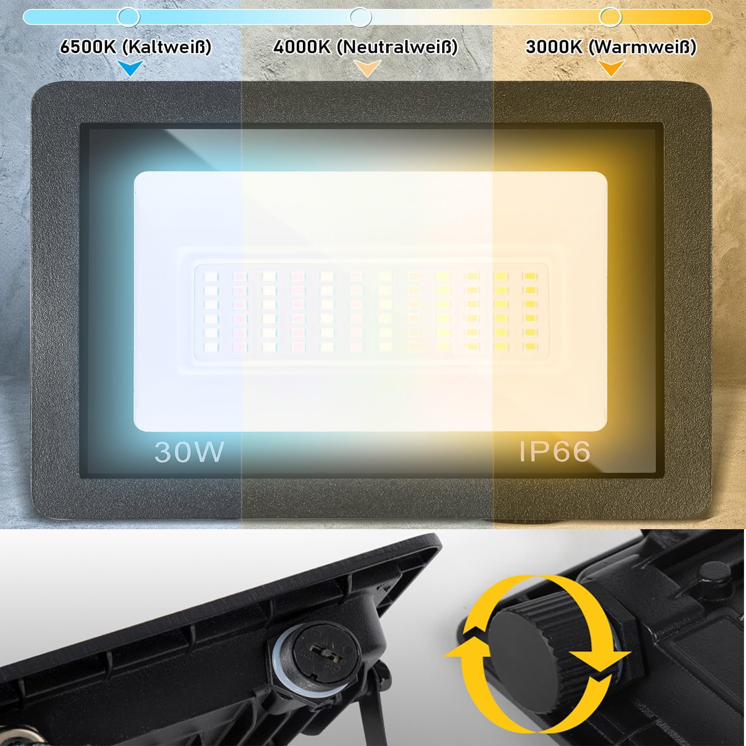 Herrselsam LED Strahler, 10x50W LED Fluter Dimmbar, 4600 Superhell Flutlichtstrahler, IP66 Wasserdicht 3 Farbtemperatur 3000K/4000K/6500K Außenstrahler (kein Stecker)