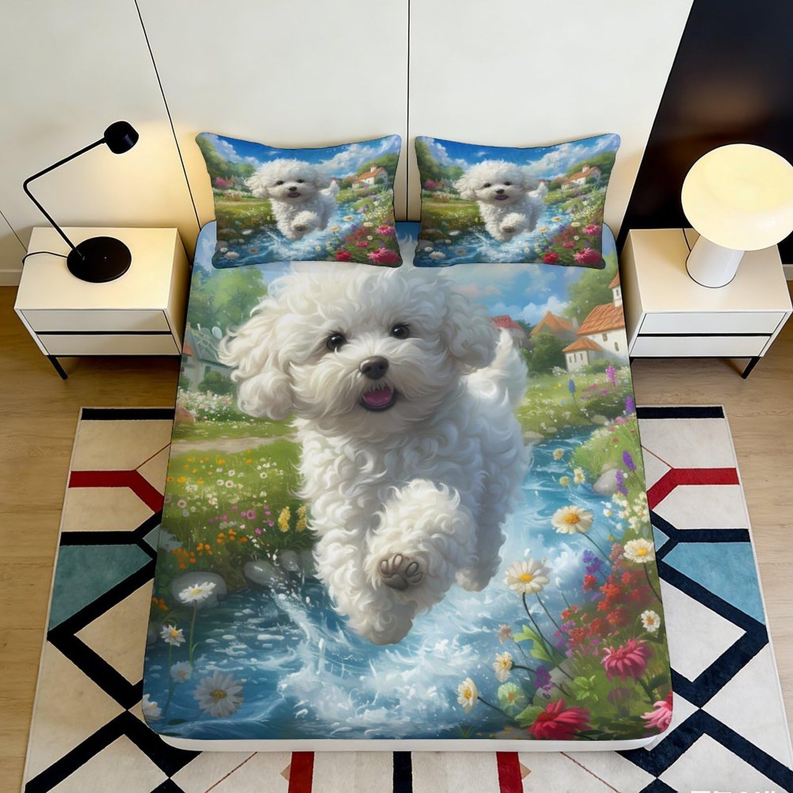 3D Printed White Puppy Fitted Sheet Microfiber Soft Floral Meadow Bed Sheet for Bedroom Guest Room Decor 90x200x25cm