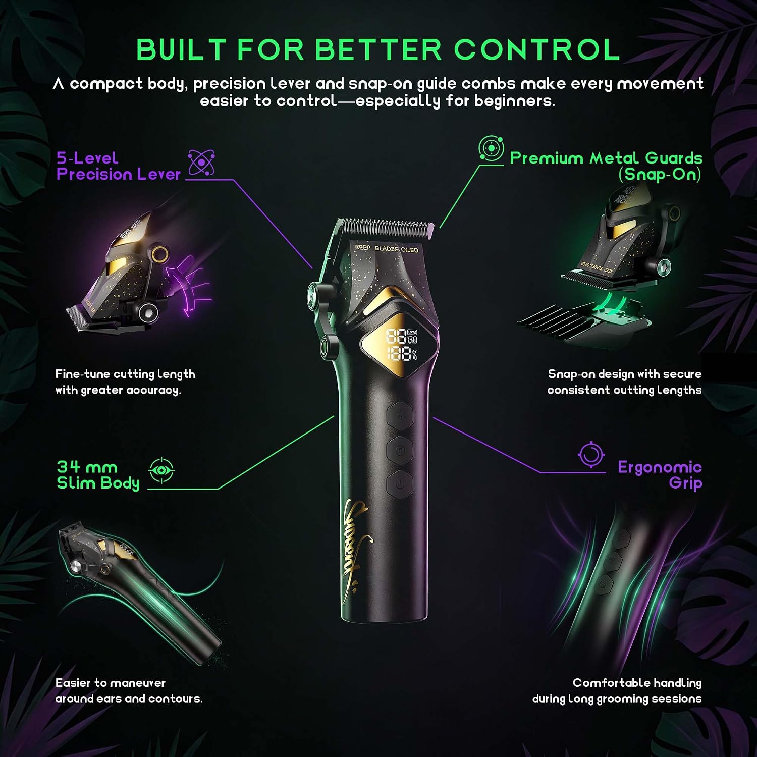 SUPRENT Professional Hair Clipper with LED Battery Display, 2 Speeds (8000/6000 RPM), Type-C Charging