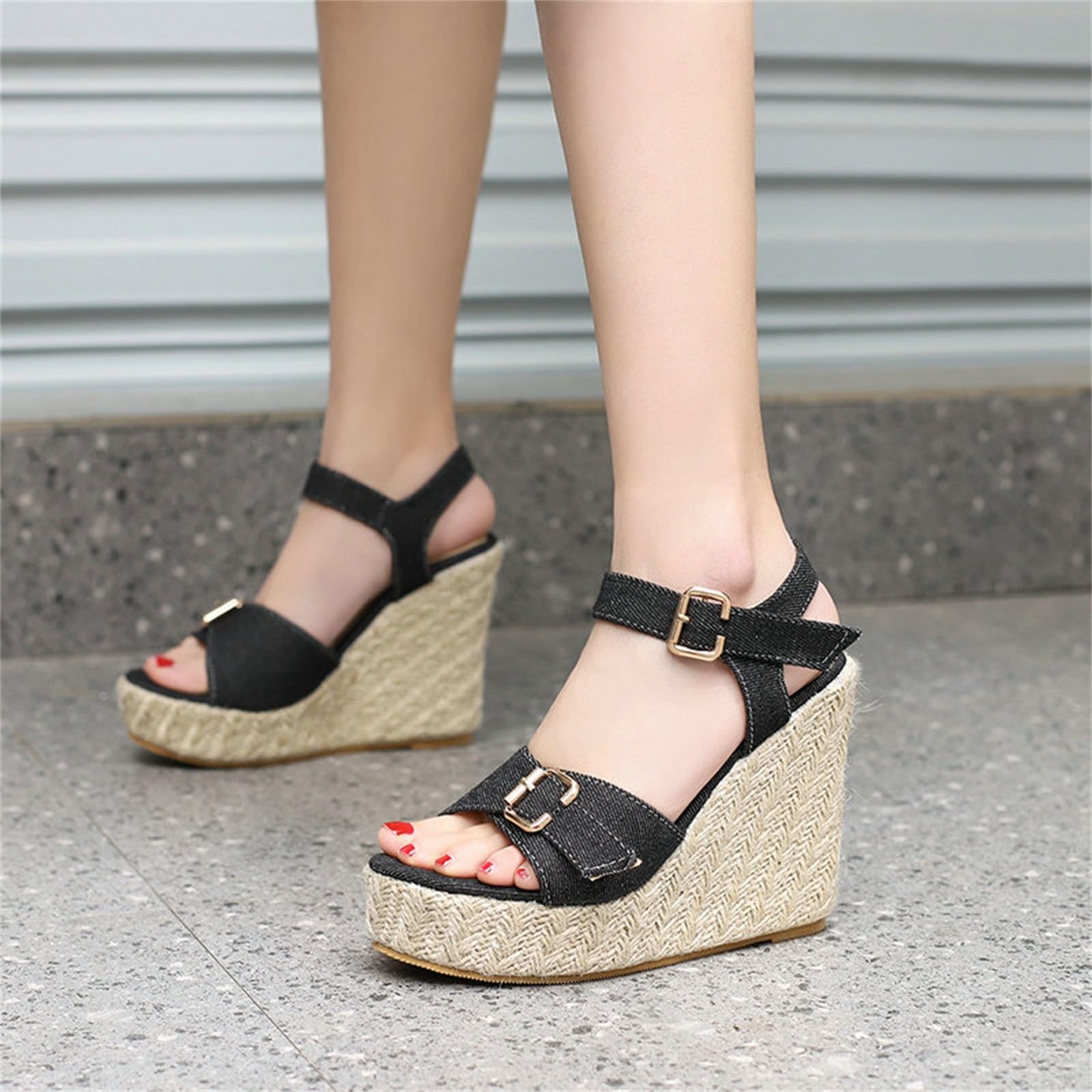 Genérico Sandalias Trekking Mujer Zapatos De Vaqueras Con Cuña Novedad Verano Hebilla Cinturón Pescado Línea Trenzada Tacón Para Sandalia Ancho Especial Cuerdas Boho Negras Tacon Blanca