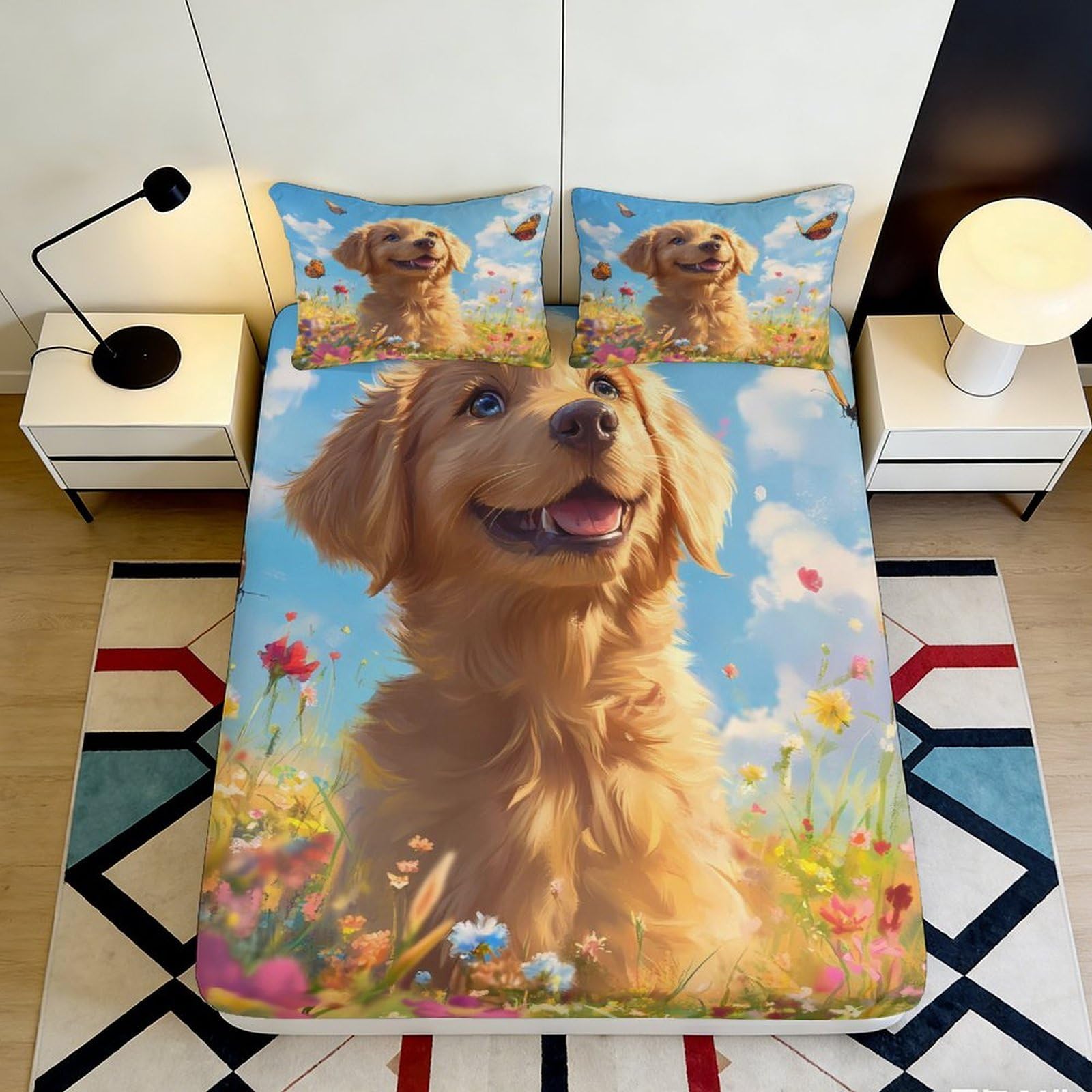 Uxinyoume Style-1 3D Printed Golden Retriever Fitted Sheet Microfiber Floral Field Bed Cover For Bedroom Guest Room Easy Care Decor 90X200x25cm