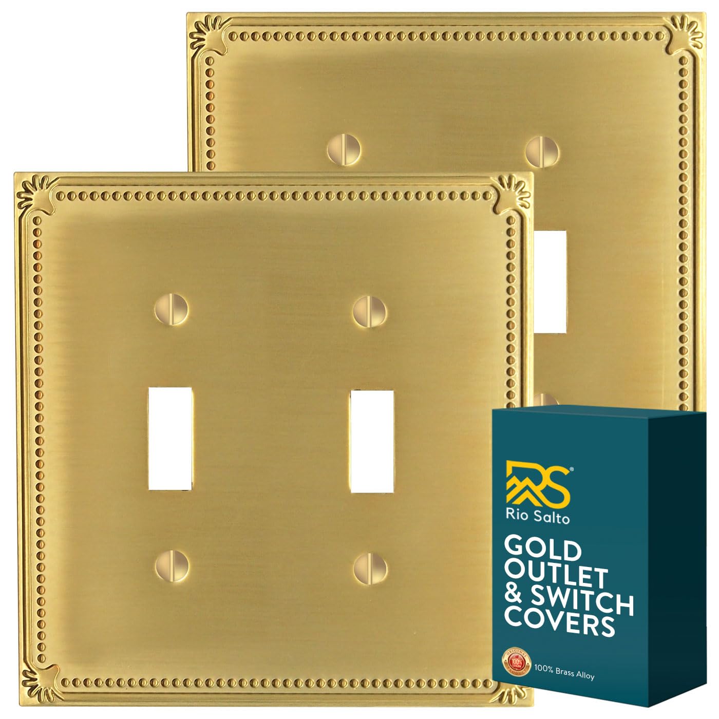 Rio Salto Pearl Collection Brushed Brass Gold Double Toggle Flip Switch 2-Gang Light Switch Cover Plate – Metal Wall Plates Outlet Covers 5" x 5"