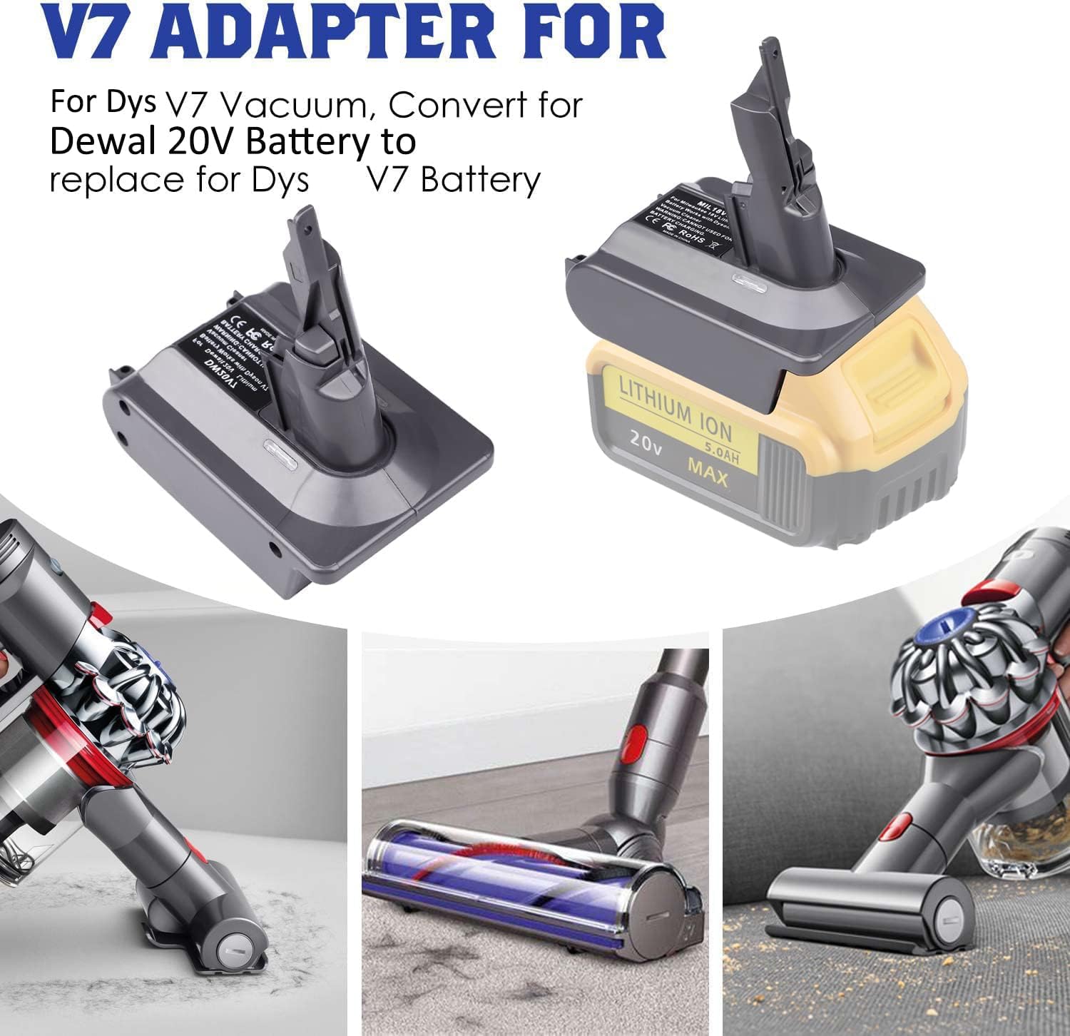 Replacement for Dyson V7 Battery, DW20V7 Adapter for DeWalt 20V Battery Convert for Dyson V7 Vacuum Cleaner, SV11 V7 Motorhead Pro Trigger Animal Car+Boat Fluffy Vacuum Cleaner (Only Adapter)