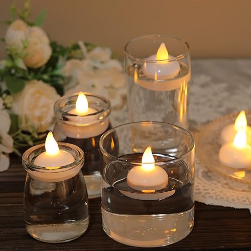 Miniatura 4 de Paquete de 12 velas flotantes impermeables sin llama, velas de té de Navidad, velas de té flotantes parpadeantes a pilas en amarillo cálido para