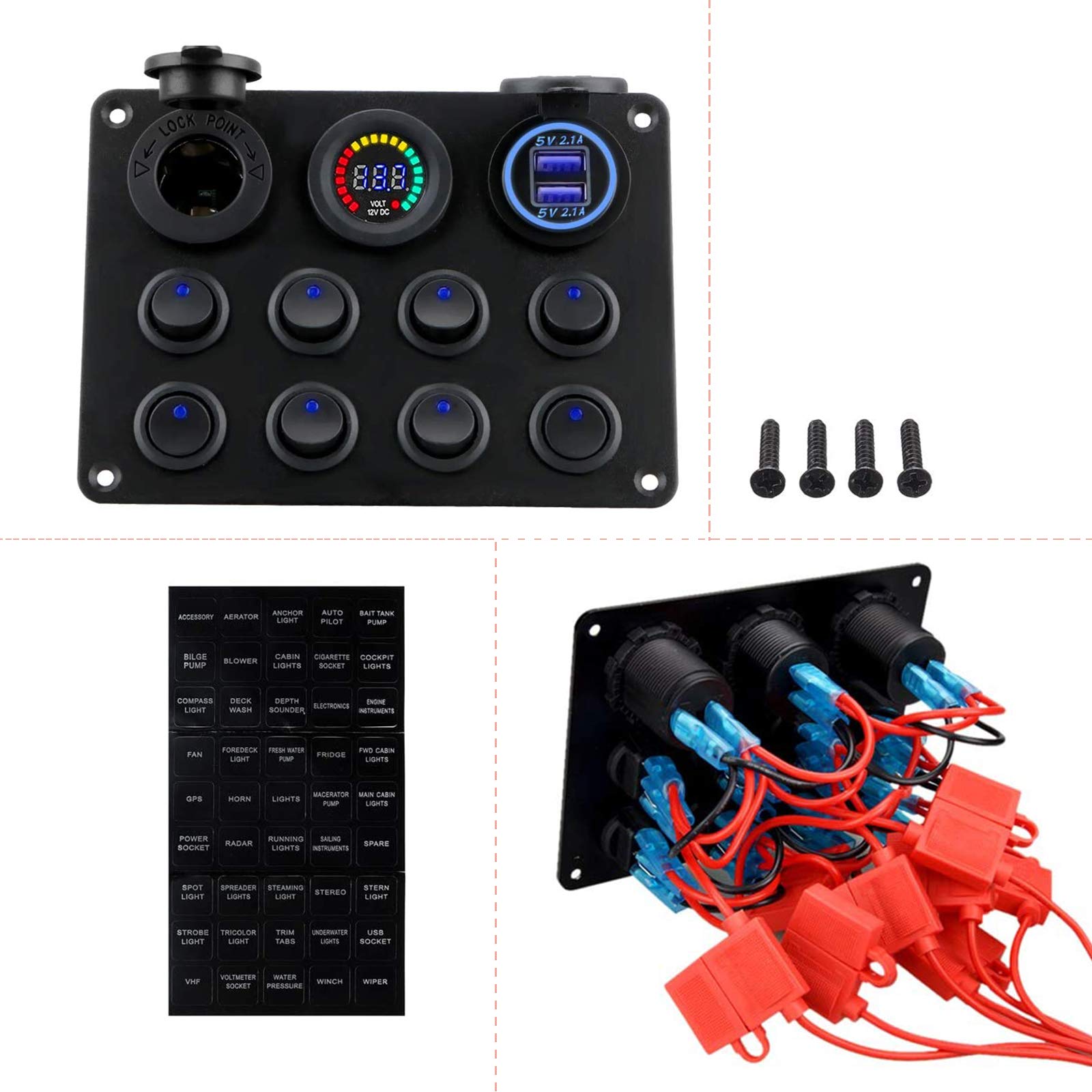 RUIZHI 8 Gang Pannello Interruttori a bilanciere 12-24V Doppio Caricatore USB Presa con Voltmetro a LED Rocker Switch Panel per Barca Auto