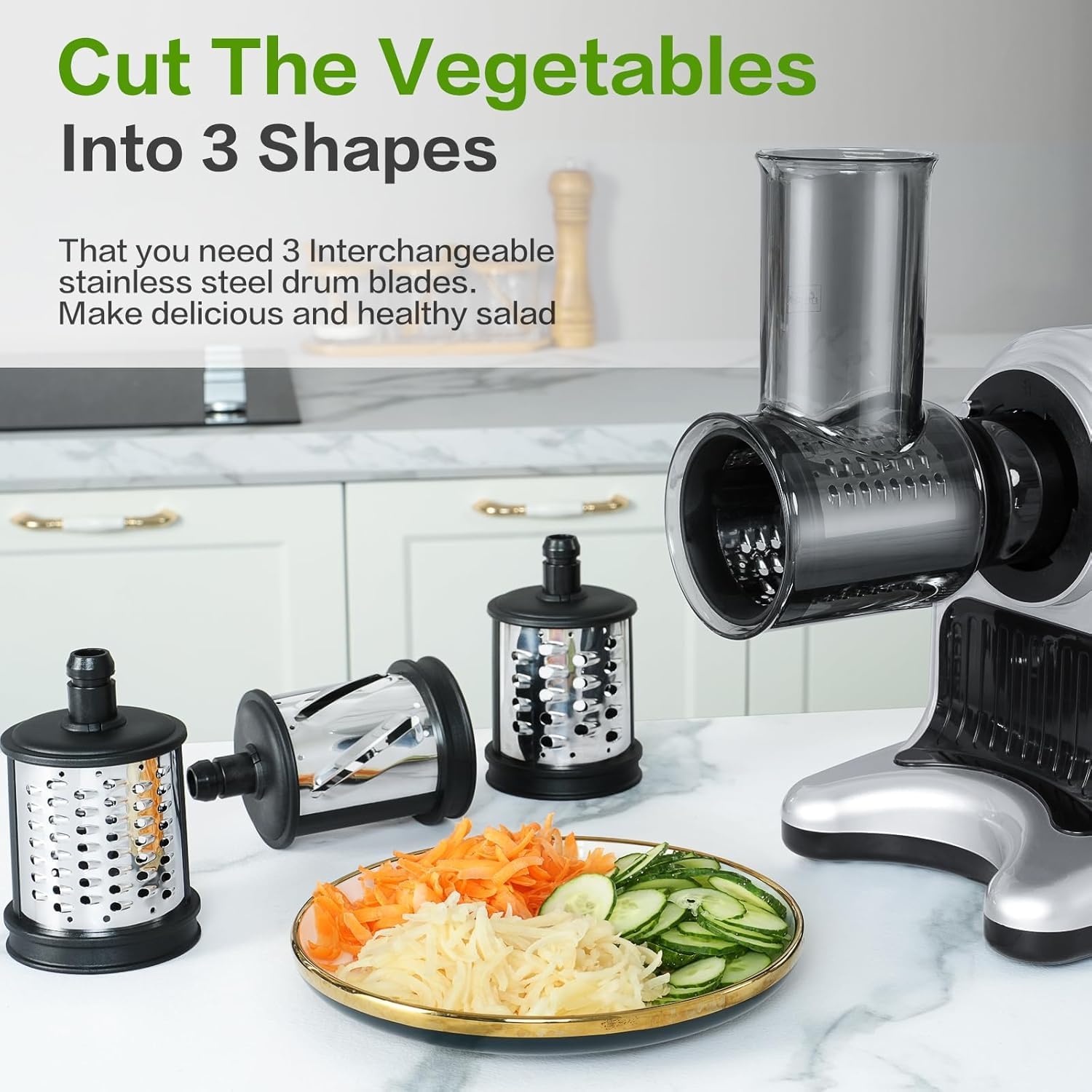 5-in-1 Masticating Slow Juicer Machine, 3" Wide Feed Chute, High Juice Yield, Easy to Clean, Includes Meat Grinder/Sausage Maker/Vegetable Slicer, Silver/Black