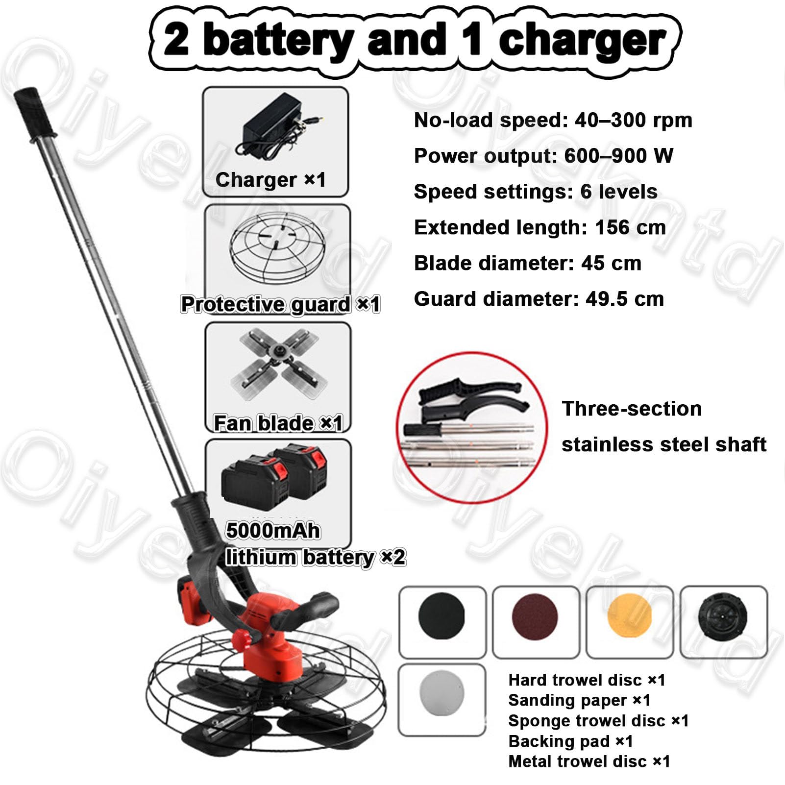 Alisadora de hormigón inalámbrica, llana eléctrica manual para cemento con batería de 5000 mAh y 5 discos de lijado; para hormigón, mortero y lechada; nivelación y alisado de paredes y techos 2Battery