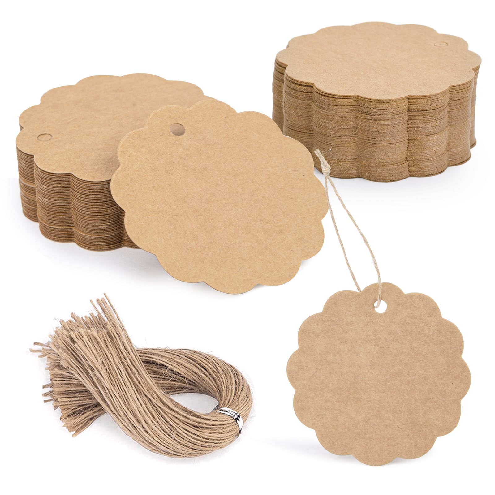 SallyFashion 200PCS Gift Tags with String Attached, 2.4X 2.4 inch Craft Scalloped Paper Gift Tags, Round Circle for DIY Crafts, Wedding Party FavorsThe Forest Stewardship Council