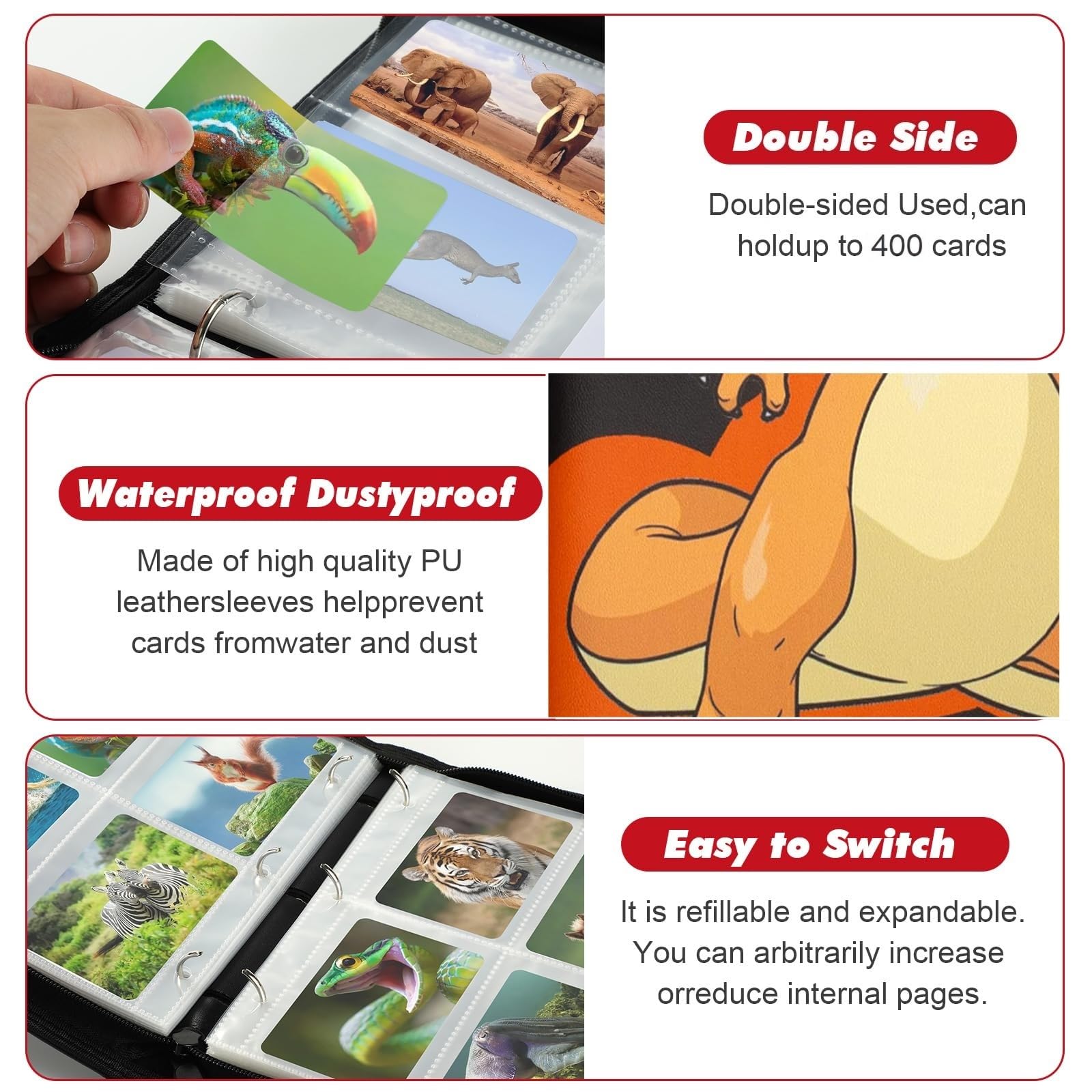 Album Carte Pokemon, Raccoglitore Carte con Cerniera, Album Porta Carte Collezionabili, 50 Pagine 400 Capacità