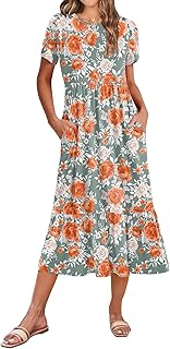 Women Summer Midi A Line Dress Short Sleeve Casual Flowy Tiered Beach Long Sundress with Pockets 2025 Vacation Travel
