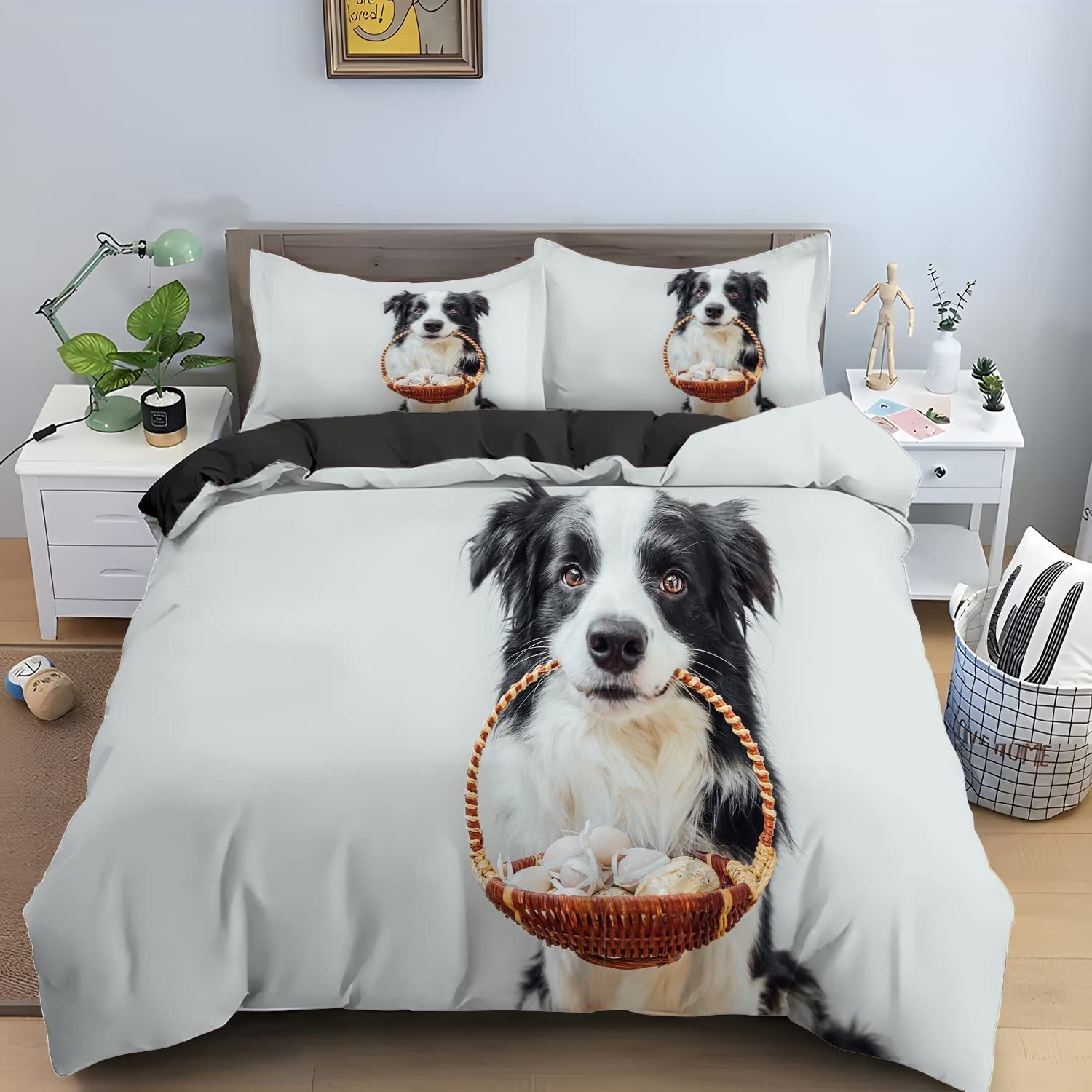 Parure de lit 240x260 Border Collie avec housse de couette 2 personnes en microfibre douce et taies