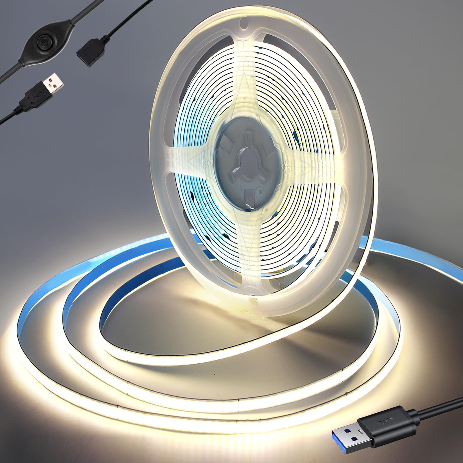 Rye Nature White 4000K Usb Power 1M 5V Cob Led Strip Light Kit,,320Leds/M,Cri85+,Flexible Rope/Tape Light For Tv Monitor Backlight,Mirror,Cabinet,Wardrobe,Cupboard Diy Lighting,With Dimmer.