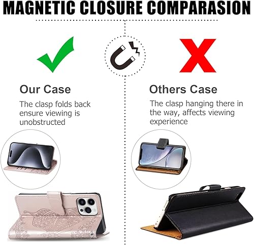 Miniatura 4 de DiGPlus Funda tipo cartera para iPhone 15 Pro Max, estampado de mariposas y flores Funda de cuero de primera calidad con ranuras para tarjetas,