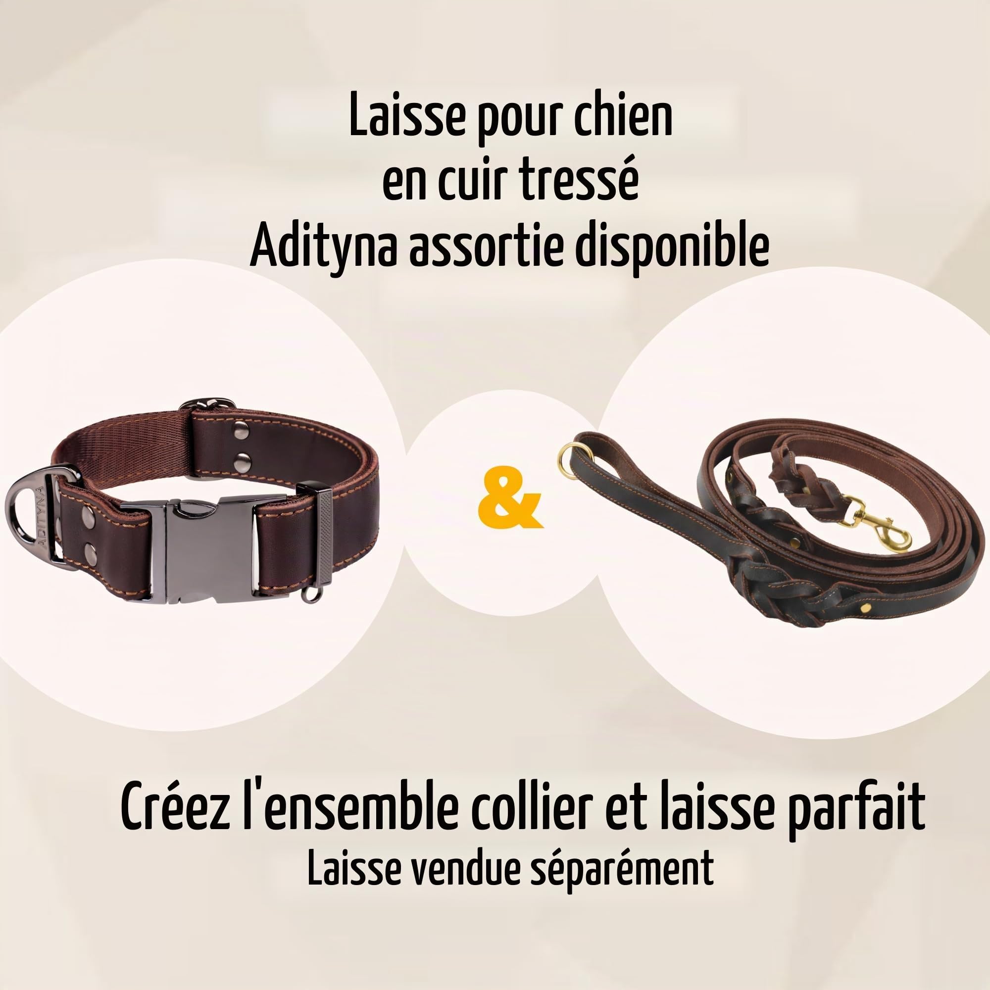 ADITYNA Collier pour chien en cuir avec boucle en métal, robuste, réglable, pour chiens de taille moyenne et grande, pour promenade, dressage, randonnée (marron, tour de cou de 38 à 53 cm)