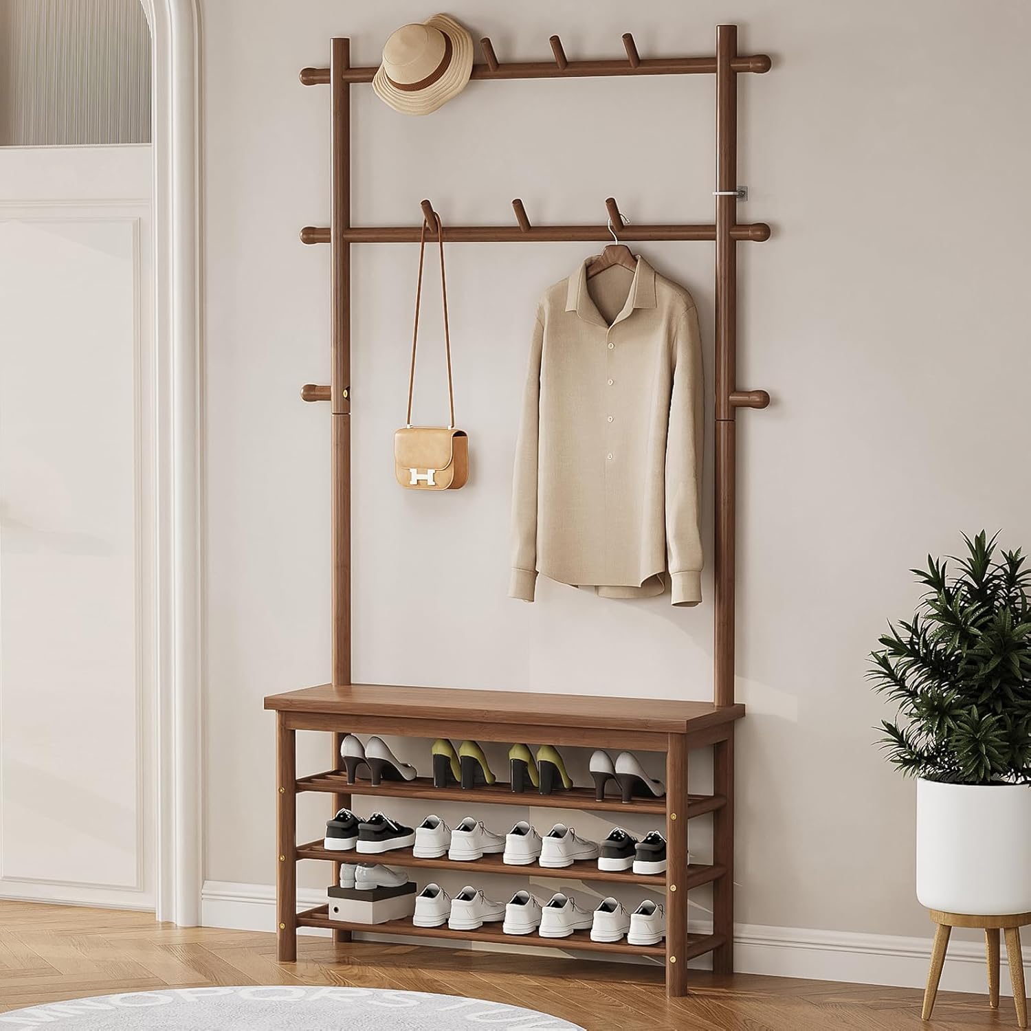 Bamboo Hall Tree with 13 Hook, 6-in-1 Entryway Bench with Coat Rack Freestanding, Coat Rack with Shoe Storage Bench Organizer for Mudroom, Bedroom, All-in-One Shoe Rack,Walnut