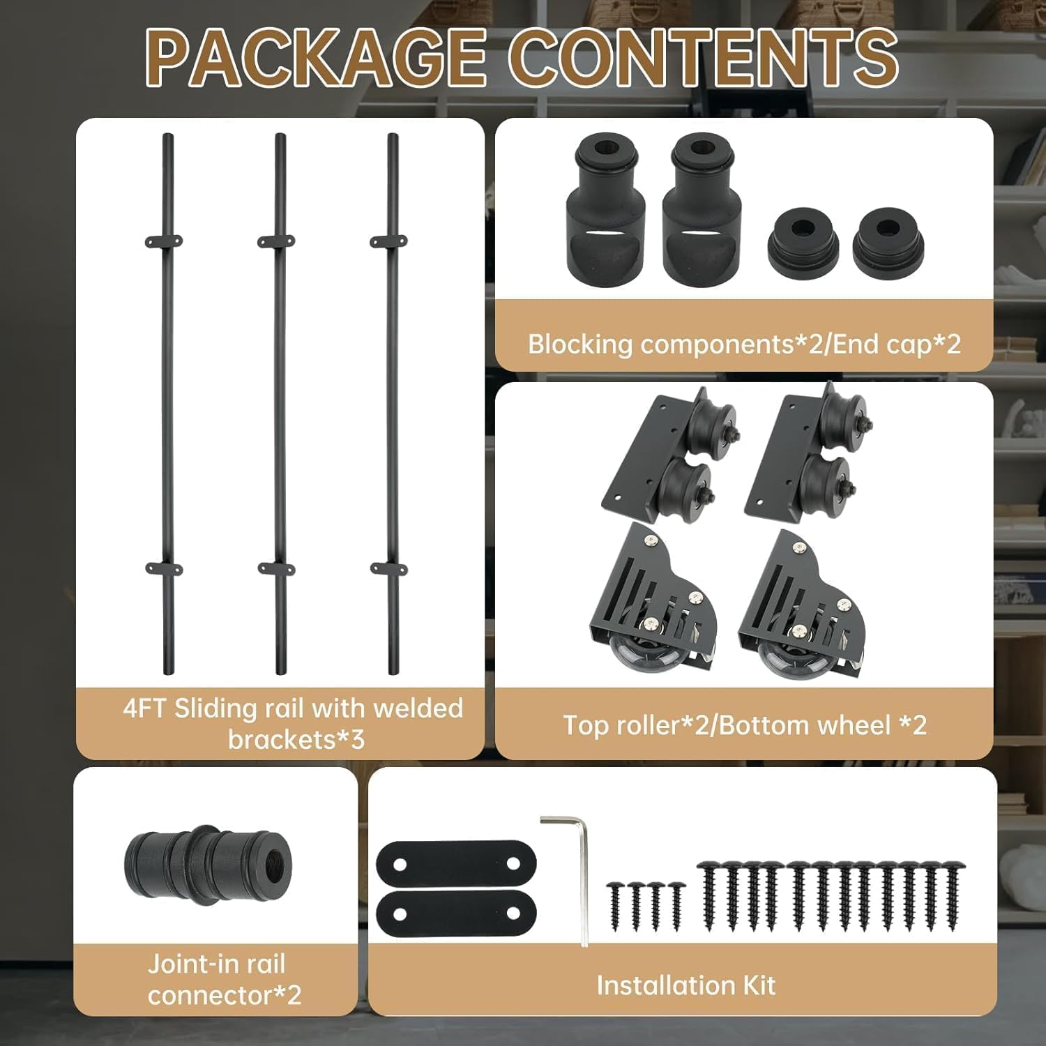 12FT Sliding Library Ladder Hardware Kit, Telescopic Hook & Bottom Wheel with Brake, Black Sliding Track for Bookcase Attic Loft, 300lb Capacity (No Ladder)