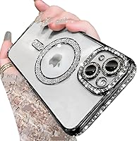 Vista 7 de Funda magnética con purpurina para iPhone 15 Plus [compatible con MagSafe] protector de lente de cámara con diamantes de imitación brillantes