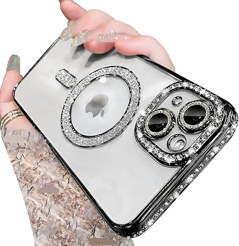 Miniatura 7 de Funda magnética con purpurina para iPhone 15 Plus [compatible con MagSafe] protector de lente de cámara con diamantes de imitación brillantes,