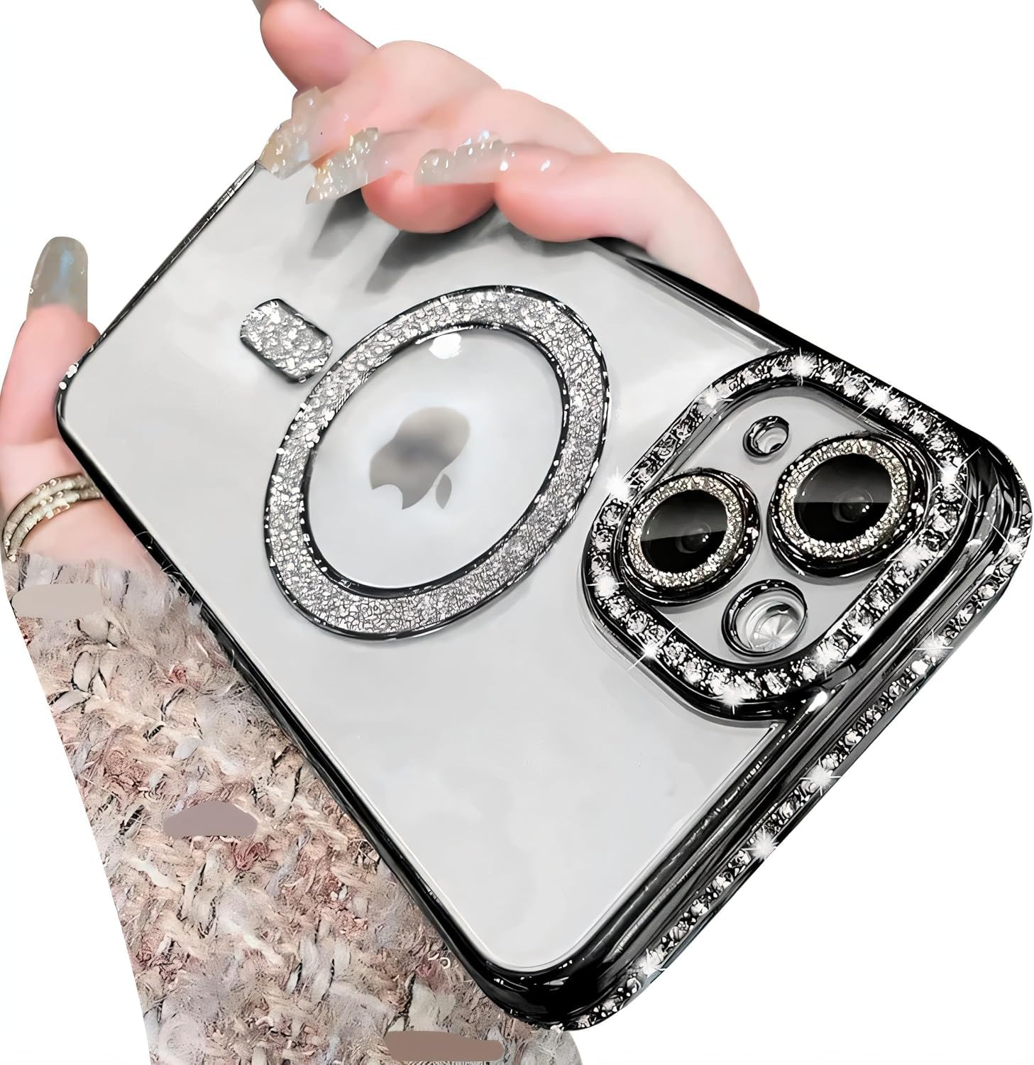 Doulings Magnetic Glitter Diamond for iPhone 12 Case[Compatible with MagSafe] Sparkle Rhinestone Camera Lens Protector Plated,Crtstal Clear Slim