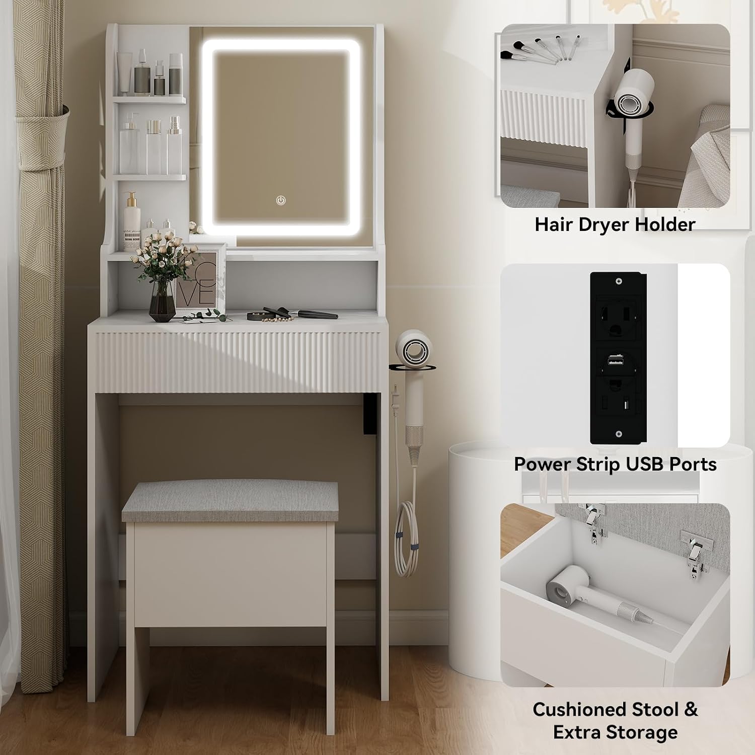 YOURLITE Fluted Makeup Vanity Desk with Mirror and Lights, 24" Small Vanity Table Set with LED Mirror & Stool, Dressing Table for Bedroom