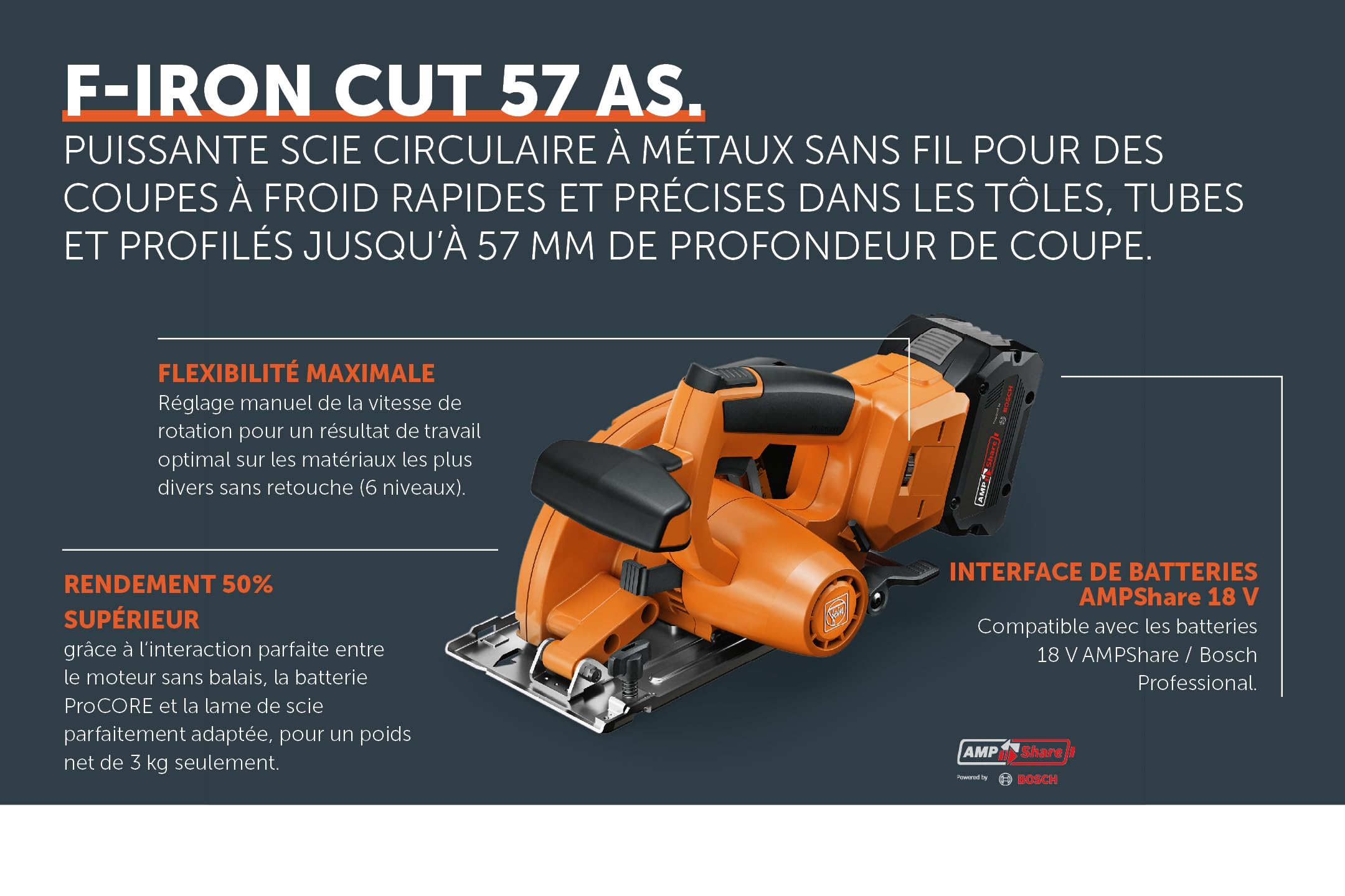 FEIN Scie circulaire sans fil F-IRON Cut 57 AS, sans batteries et chargeurs | Pour des coupes à froid rapides et précises dans les tôles, tubes et profilés. Compatible avec batteries AMPShare/Bosch18 V.