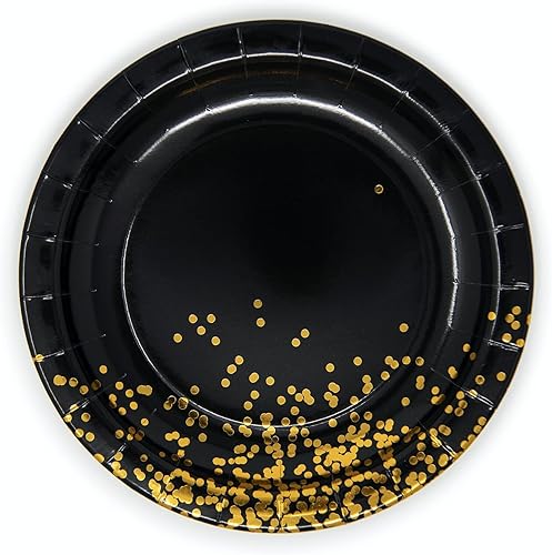 Miniatura 6 de Platos negros de papel negro de 9 pulgadas, 50 unidades, platos de papel negro y dorado para fiesta, 21 cumpleaños, graduación, Año Nuevo