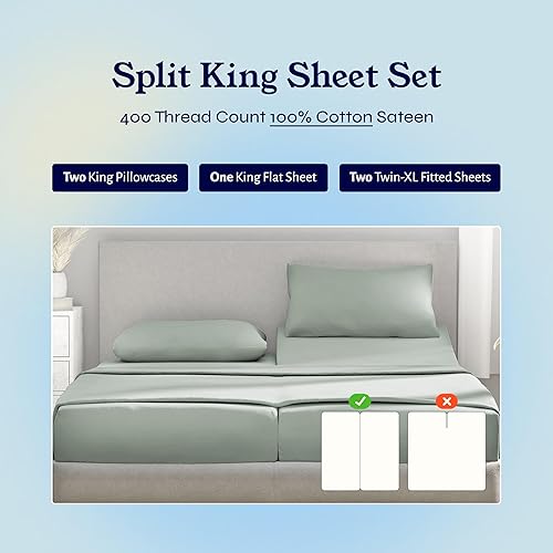 Vista 363 de Juego de sábanas de 400 hilos y 6 piezas, tamaño King, con 4 fundas de almohada, ropa de cama de 100 % algodón con tejido satinado, color azul 12