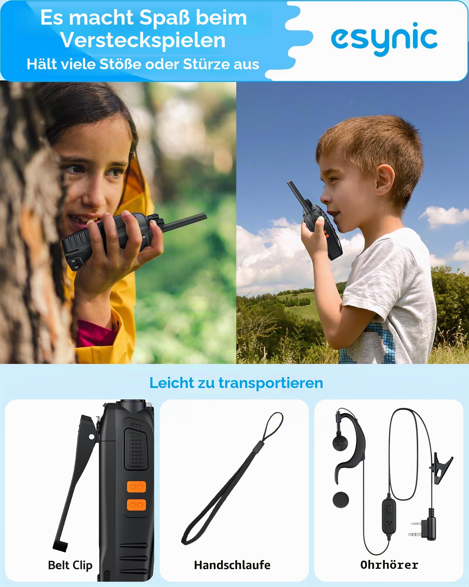 eSynic Walkie-Talkies 4 Stück mit großer Reichweite 2-Wege-Funkgerät mit 4 Original-Ohrstücken mit 16-Kanal-Einzelband für Überlebenstrainings und andere Aktivitäten