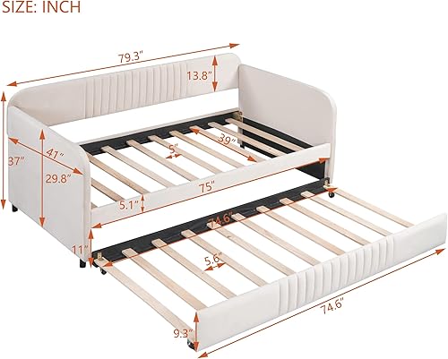 Miniatura 2 de DNYN Sofá cama tapizado de terciopelo tamaño individual con nido para sala de estar, diseño de sofá cama, marco de cama de madera maciza con fuerte